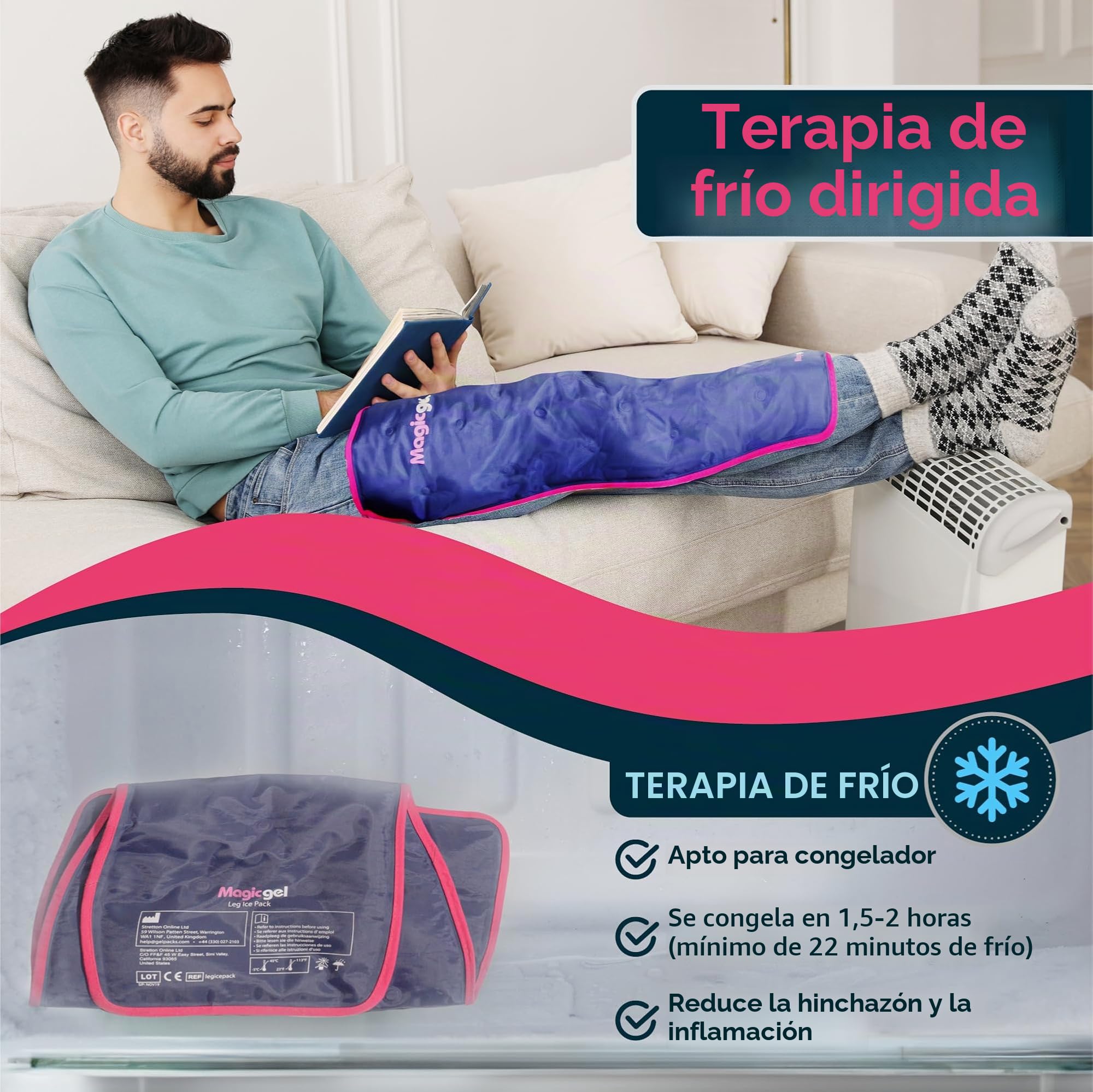 Magic Gel Bolsa Gel Frio para Lesiones de Piernas - Bolsa Hielo Lesiones Cubre Toda la Pierna 62 cm - Reduce Dolor Hinchazón e Inflamación - Reutilizable para Esguinces Artritis y Más