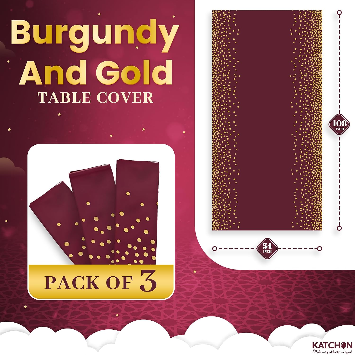 KatchOn Graduation Decorations 2026, Burgundy and Gold Table Cloth - 108x54 Inch, Pack of 3 | Congrats Grad Tablecloth | Graduation Decorations Class of 2026, Graduation Table Cloth