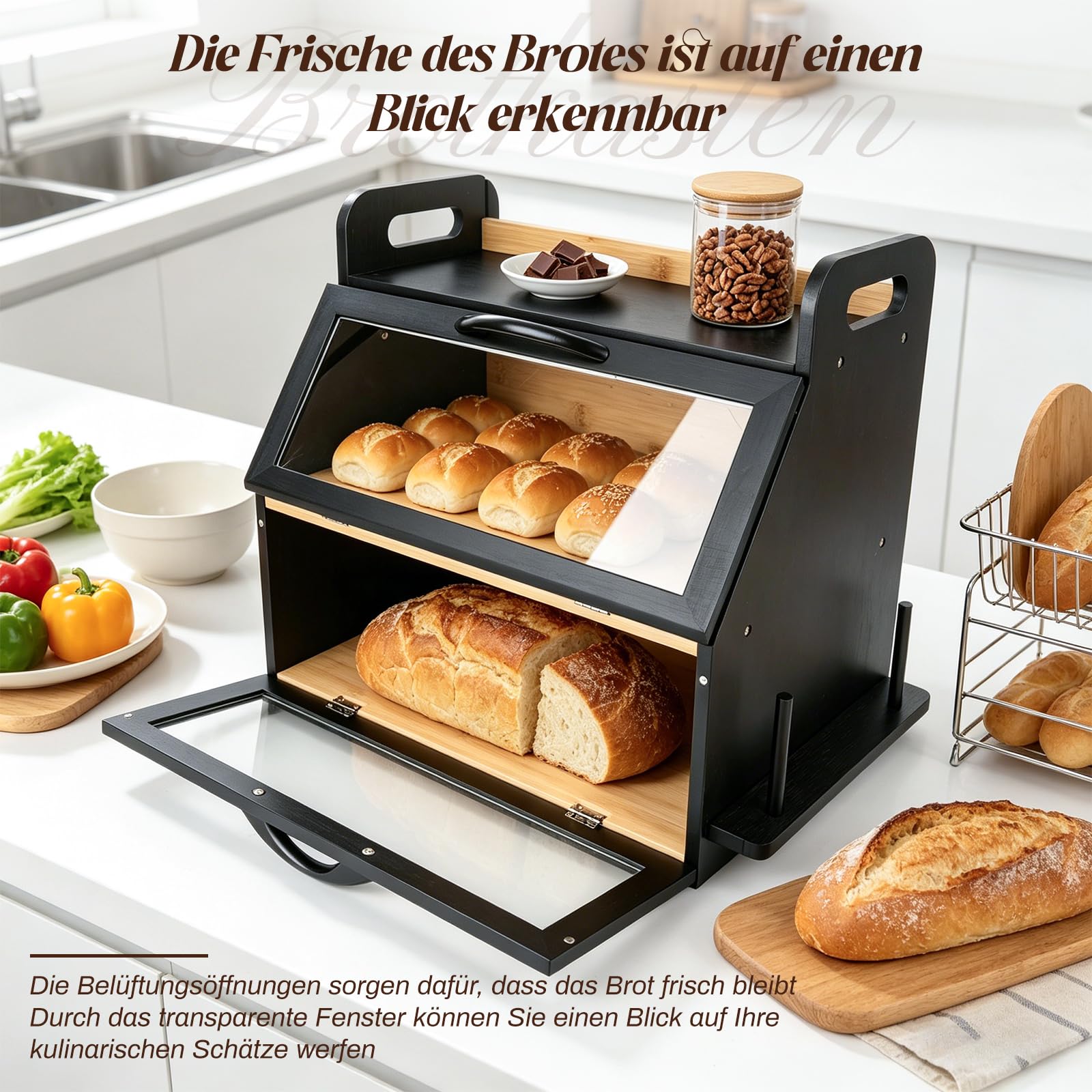 Bambus Brotkasten 2 Etagen Brotbehälter mit Brotschneidebrett und Brotzange, lebensmittelecht Brotaufbewahrung, Holz Brotbehälter für selbstgemachtes Brot, 40 x 26 x 37 cm, Schwarz