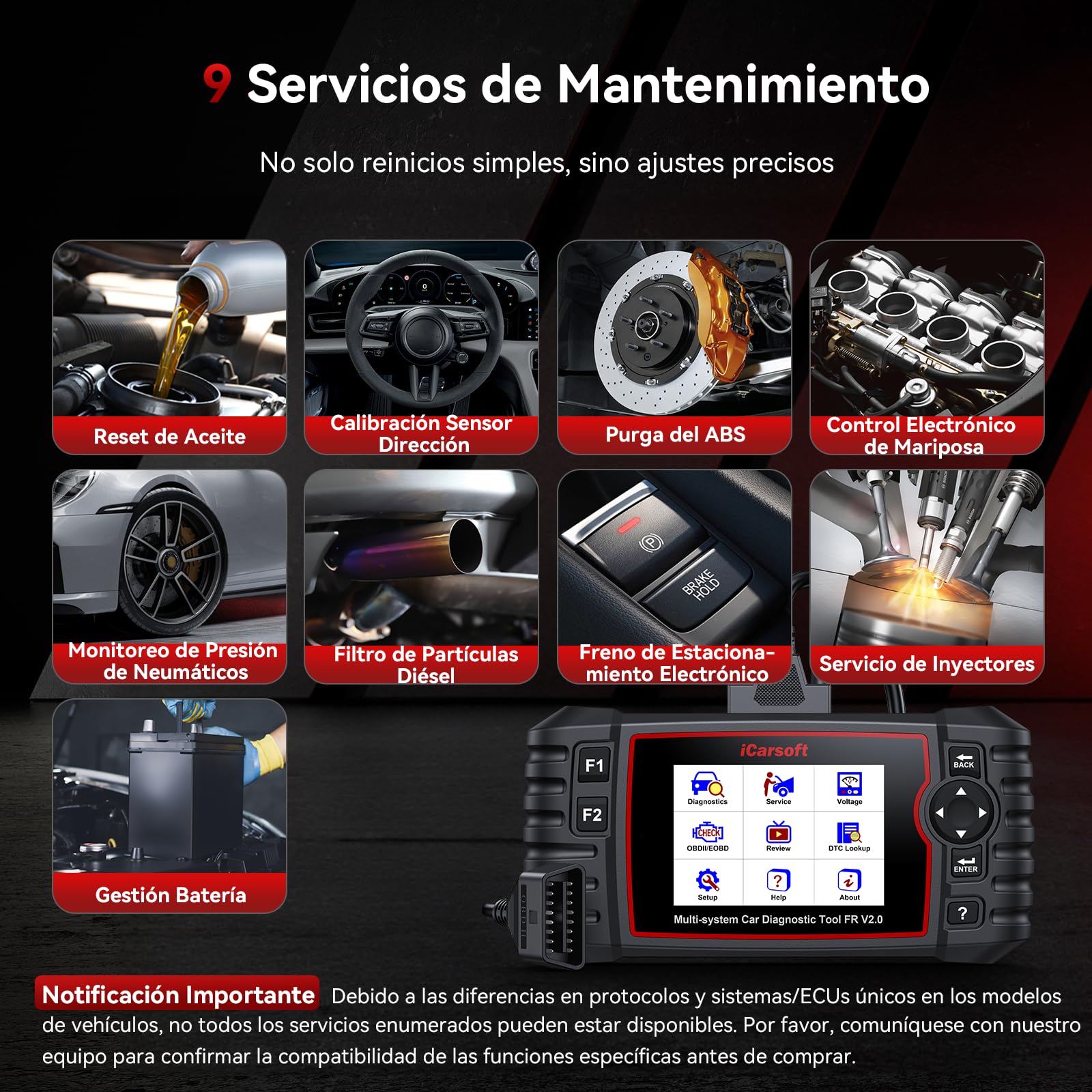 iCarsoft FR V2.0 OBD2 Máquina Diagnosis Coche para Renault/Citroen/Peugeot/Fiat/Dacia/Alfa Romeo, Escáner de Todo el Sistema, 9 Funciones Reinicio, Prueba de Batería, Actualización de por Vida
