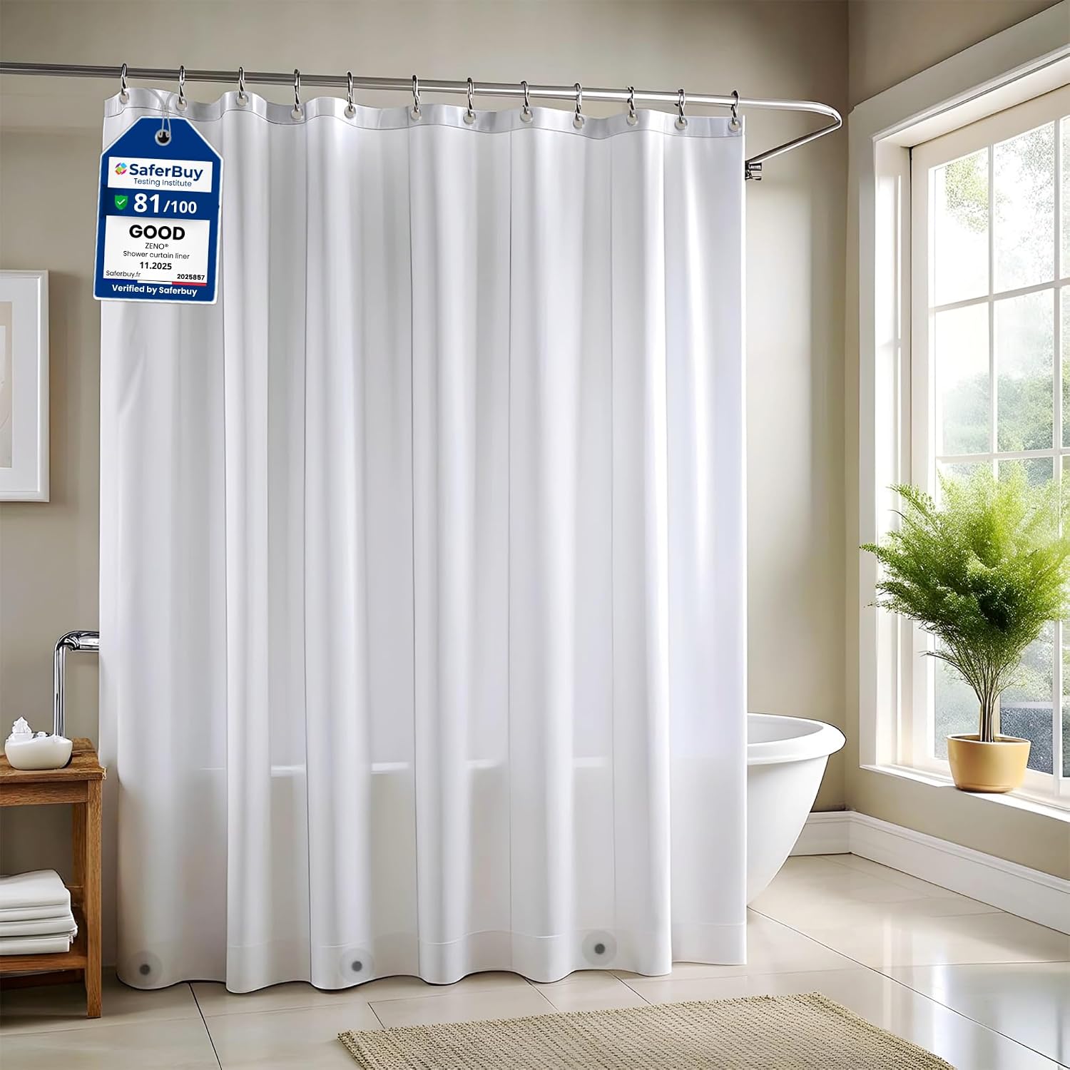 ZENO Shower Curtain Liner, 72x72 Inch, Frosted PEVA, Rustproof Grommets