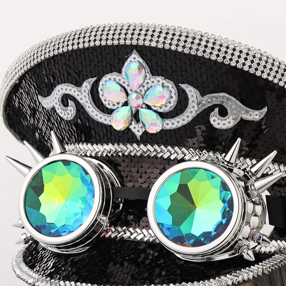 GRACEART Women's Burning Man Sequin Hat Mucis Festival Military Captain Hats Steampunk Caps with Goggles