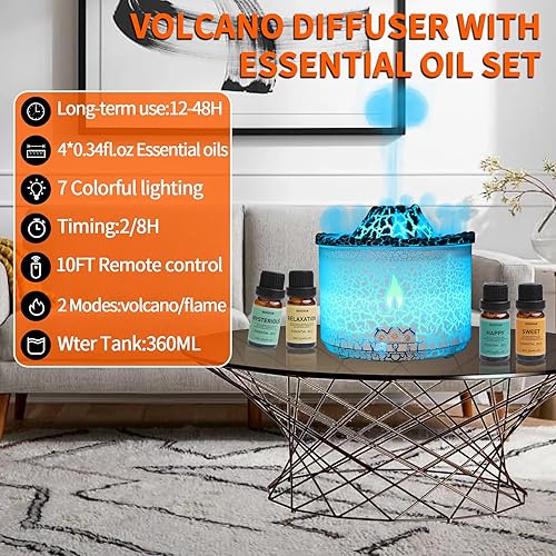 Miniatura 5 de BOHOFAM Difusor de aceite esencial de 12.2 fl oz, difusor de volcán y llama, 2 modos, difusores para el hogar con 7 luces coloridas, incluye 4