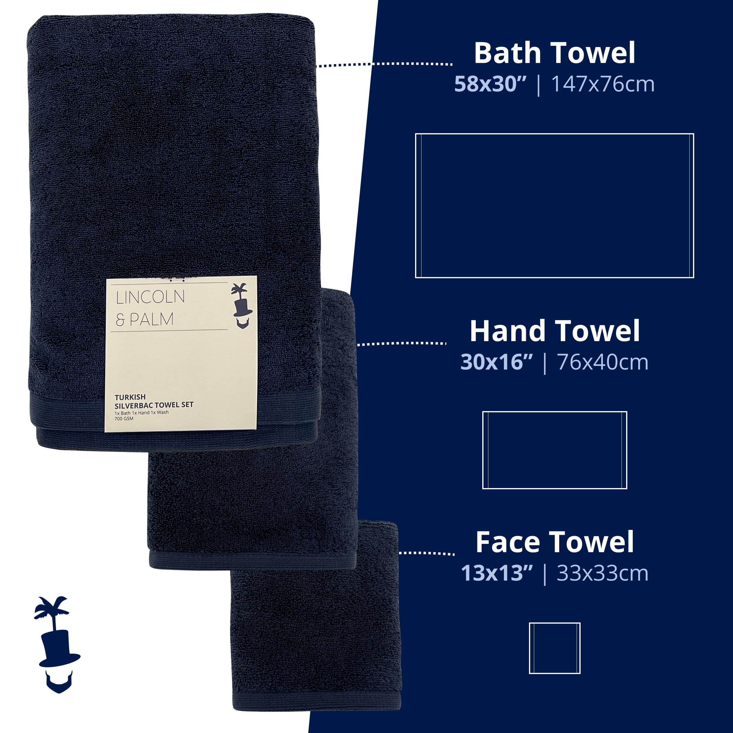 Lincoln & Palm SILVERbac - Juego de toallas turcas de 3 piezas, gruesas, suaves, afelpadas de 700 g/m², calidad de spa y hotel, con infusión plateada, baño de 58 x 30 pulgadas, mano de 30 x 16