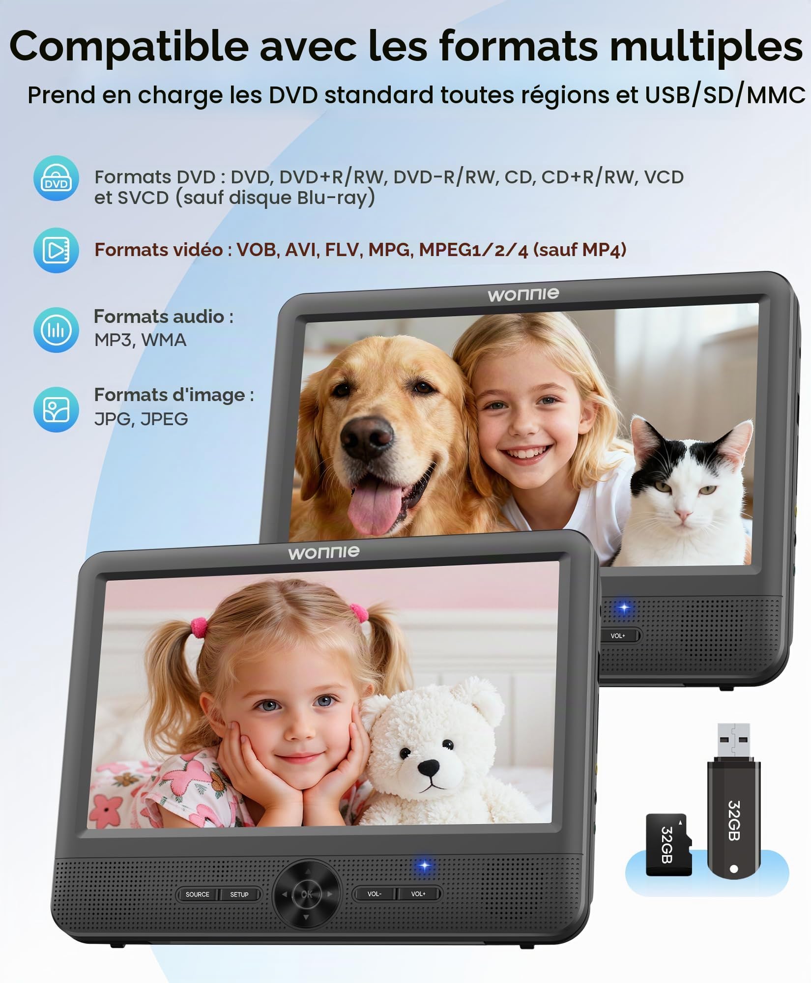 WONNIE Lecteur DVD portable de 10 pouces avec deux films différents ou identiques avec 2 supports d'appui-tête, batterie rechargeable 5H, dernier stockage, sortie/entrée AV