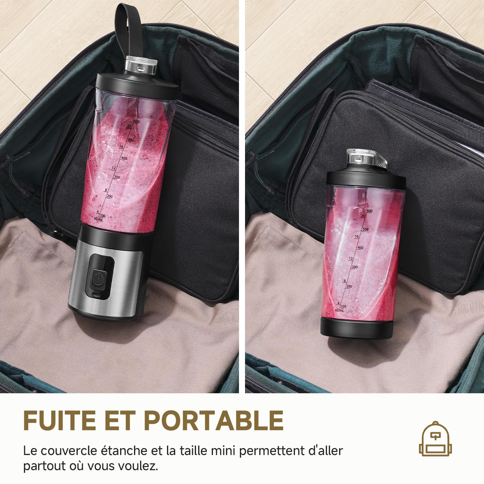 AMZCHEF Mixeur portable 600 ml – Machine à smoothie avec 6 lames, moteur 120 W, charge rapide via USB-C, étanche IPX6, sans BPA, mini mixeur pour shakes, smoothies, poudre de protéines