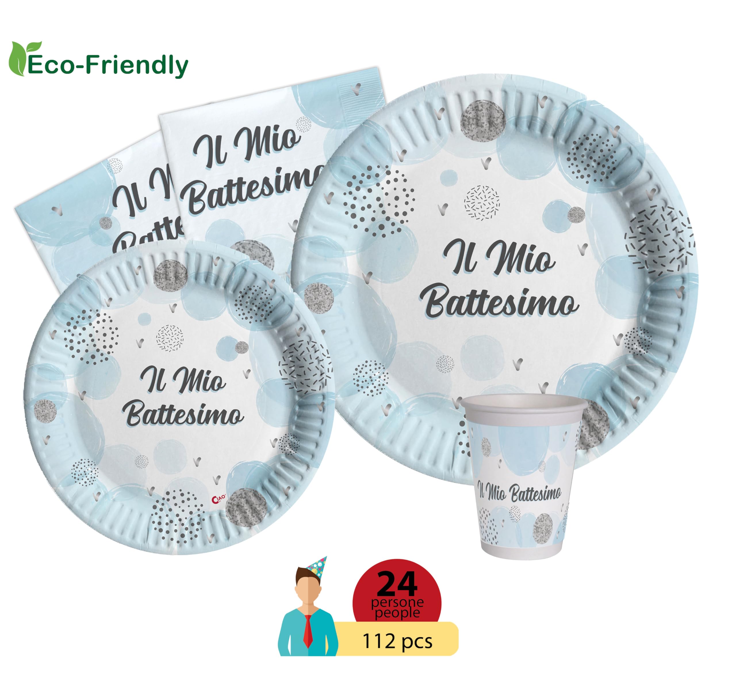 Kit Party Tavola Battesimo per 24 persone (112 pezzi: 24 piatti Ø23cm, 24 piatti Ø18cm, 24 bicchieri 200ml, 40 tovaglioli 33x33cm) in carta compostabile eco-friendly, azzurro