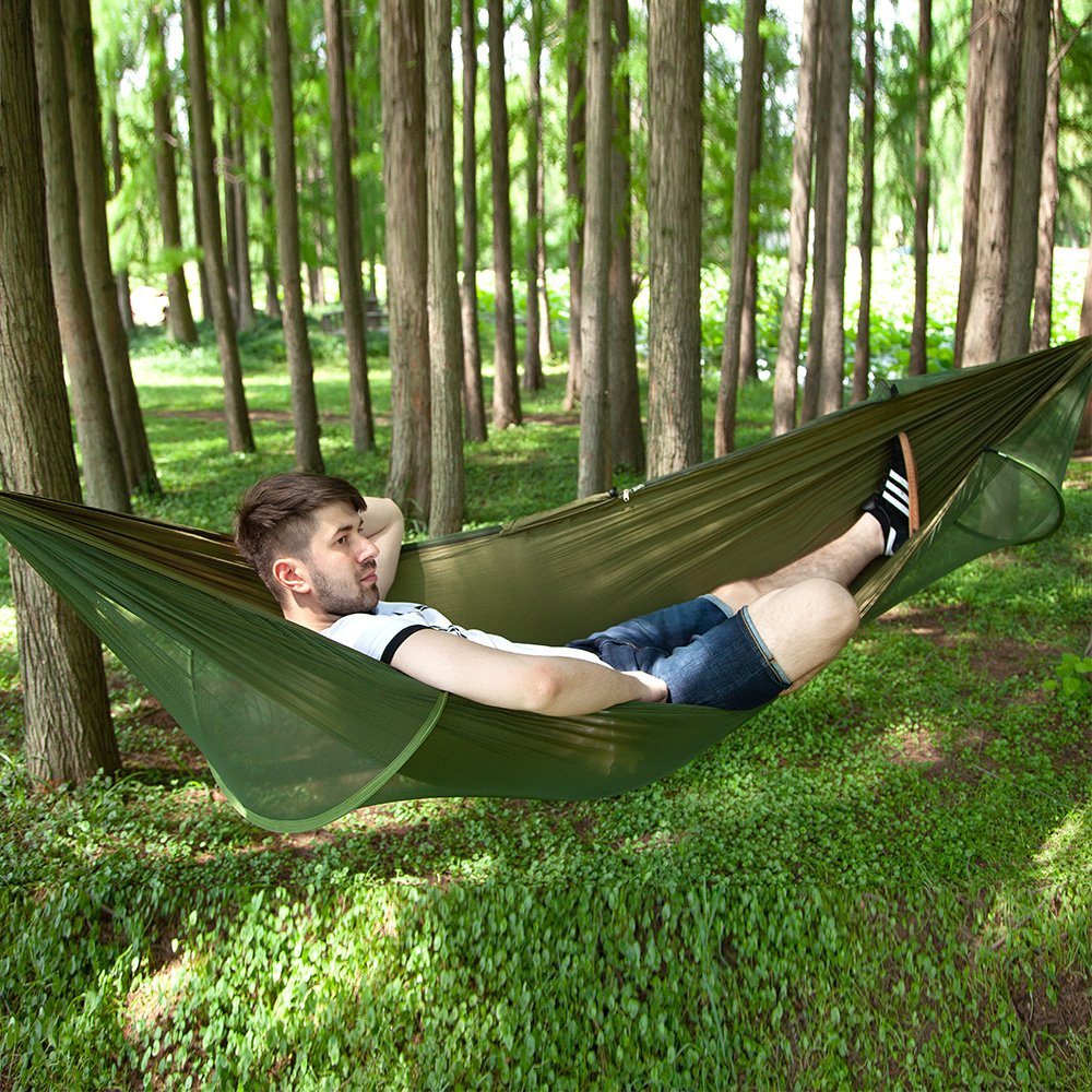 Camping Hängematte, 2 Person Camping Hängematte mit Moskitonetz, Pop-Up Light Tragbare Doppel Fallschirm Hängematten, Zelt für Outdoor, Wandern, 