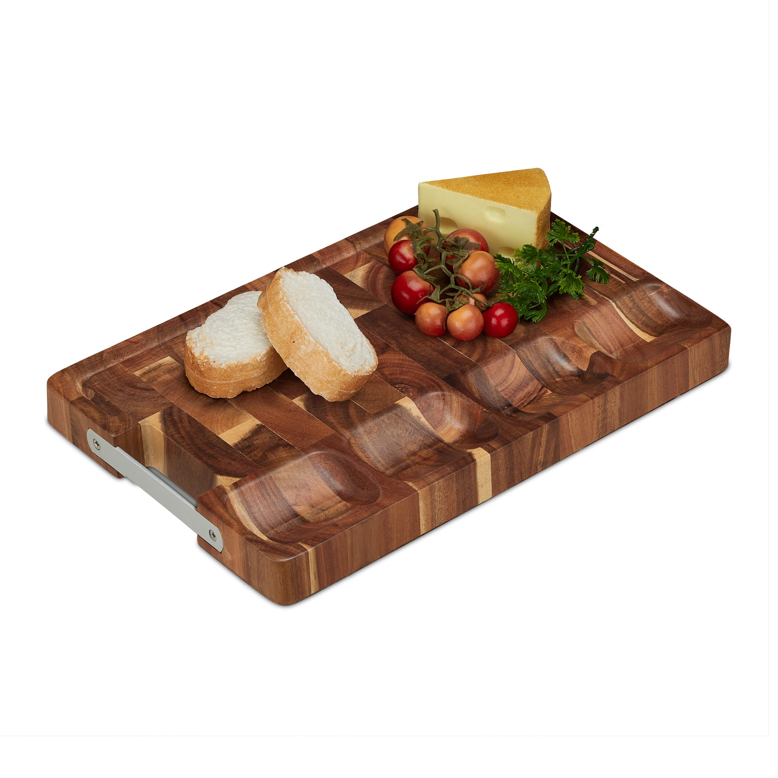 Relaxdays Planche à découper en Bois Massif, Acacia, ménage Vos Lames, avec récupérateur de jus, 40x25cm, Marron