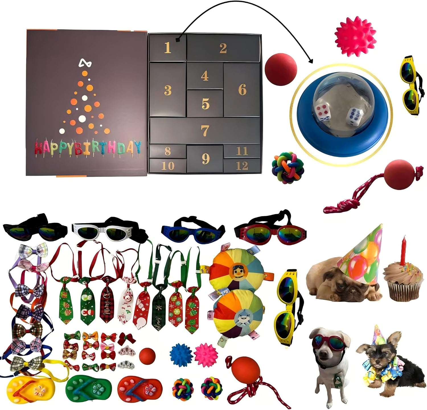 LxeGD Dog Birthday Gift Box: Interactive 11-Day Countdown Calendar with Dice Game, 12-Piece Set Includes Surprise Toys & Accessories for Small, Medium, Large Dogs