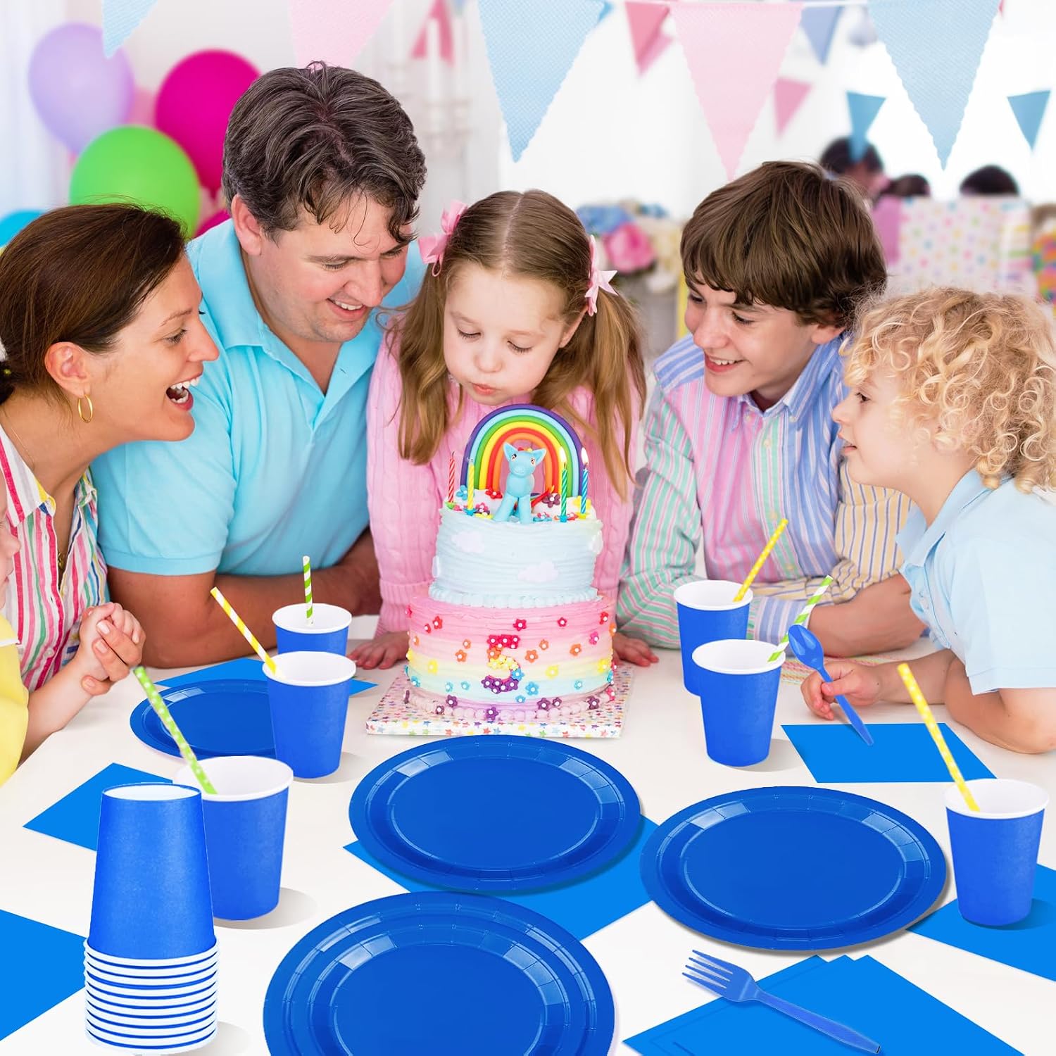 228PCS Blue Party Supplies Set Include Paper Plates Cups Blue Napkins Plastic Spoons Forks Knives for 30 Guests Disposable Party Dinnerware for Birthday Wedding Family Picnic