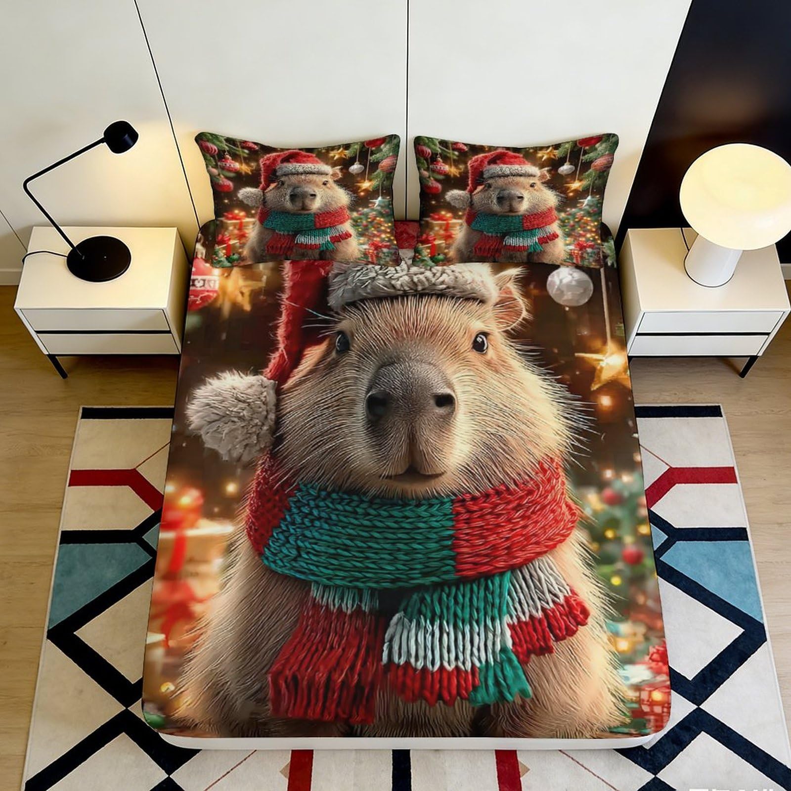Pnayamiorkfel Style-1 3D Printed Christmas Capybara Fitted Sheet Microfiber Soft Breathable Holiday Bed Cover For Bedroom Guest Room Decor 90X200x25cm