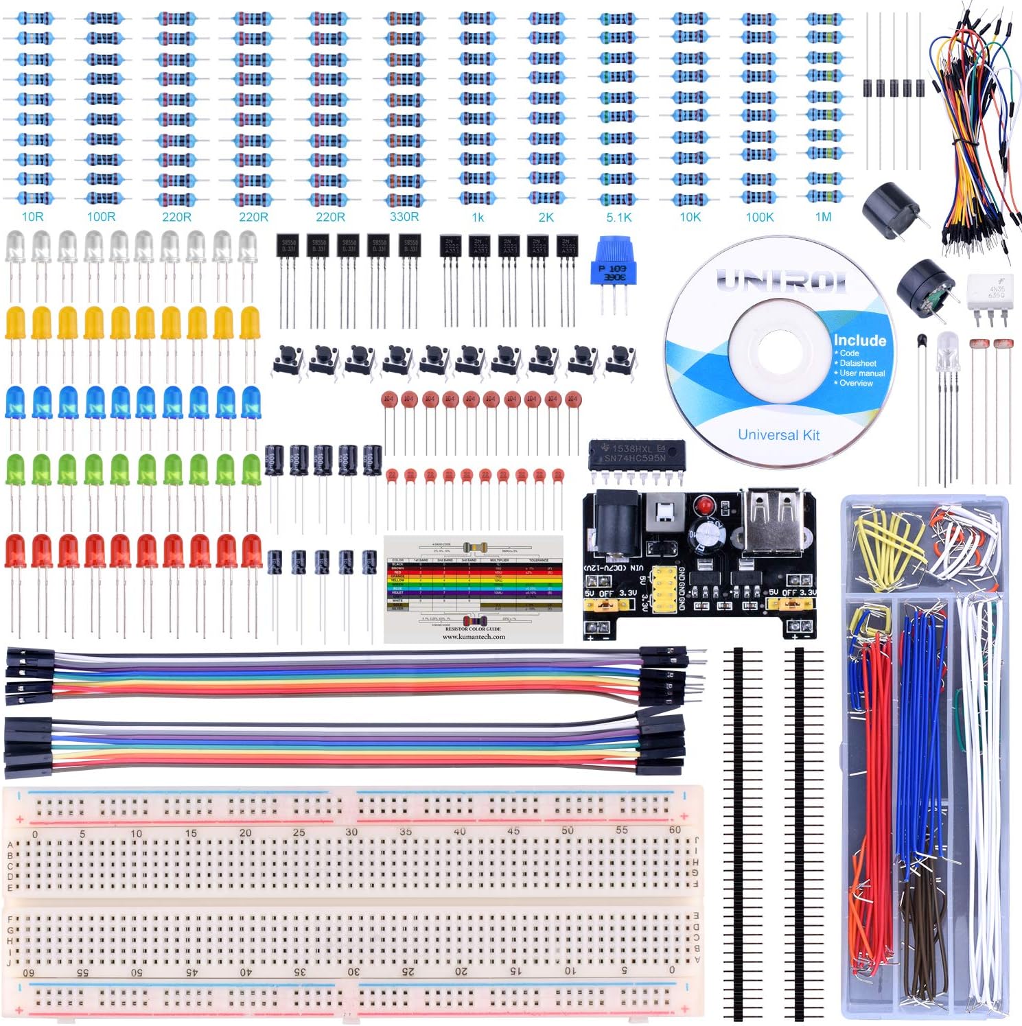 Electronic Fun Kit for Arduino Raspberry Pi, Updated Kit with Power Supply Module, Breadboard, Resistance Card, Free Tutorials (400 Items) UA001