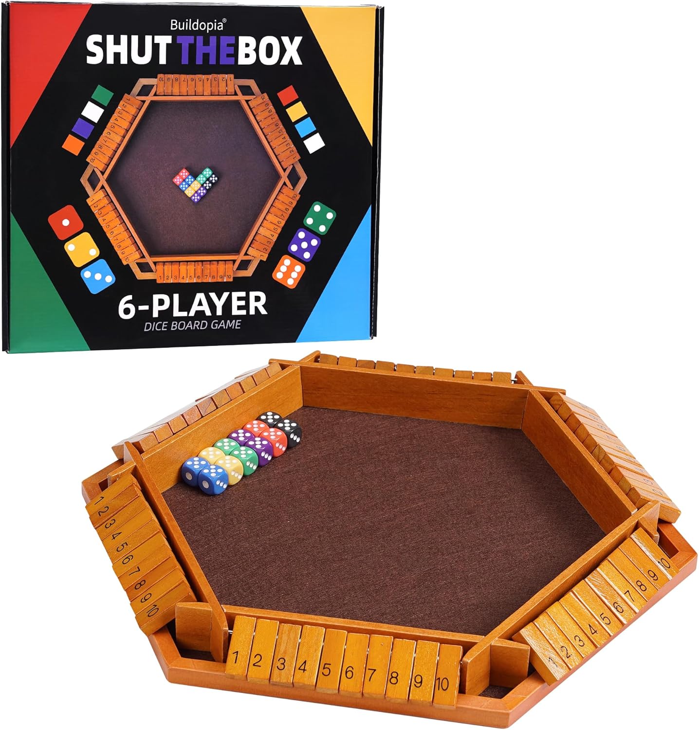 Shut the Box Dice Game - Classic Wooden Family Board Game for 6 Players, Fun Classroom Home Party & Pub Strategy Game for Adults and Kids, Vintage Style