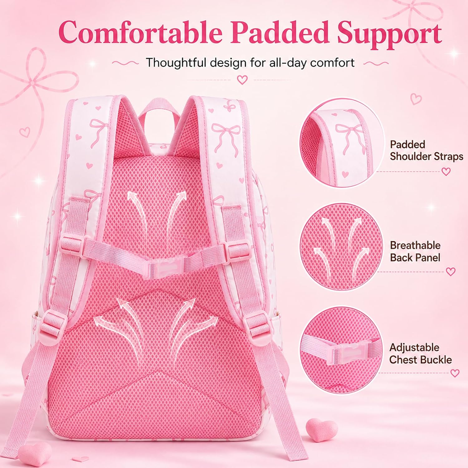 LEDAOU Girls Backpack with Lunch Box Set, 16 Inch School Backpack for Girls Ages 5-10, Cute Bow Kids Bookbag for Preschool Kindergarten Elementary, Water Resistant School Bag