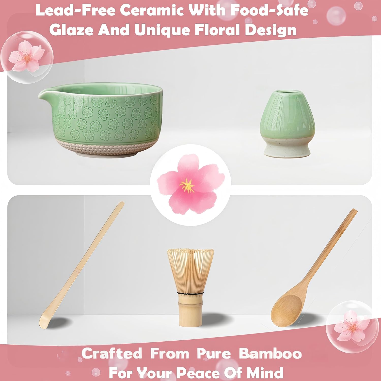 Matcha Whisk Set with Ceramic Bowl, Bamboo Whisk & Scoop, Holder, Matcha Sifter, Scoop Rest, Sakura Cloth – Matcha Kit for Tea Ceremony & Matcha Lovers (Turquoise)