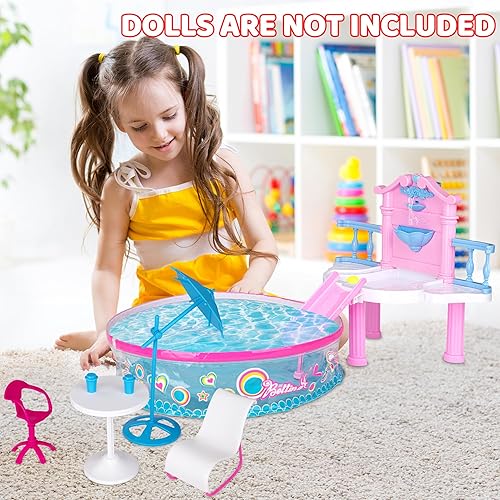 Miniatura 2 de Juego de piscina Glam de lujo, piscina para muñecas con 7 accesorios de piscina, se adapta a muñecas de hasta 12 pulgadas, regalos para niños de 3 a