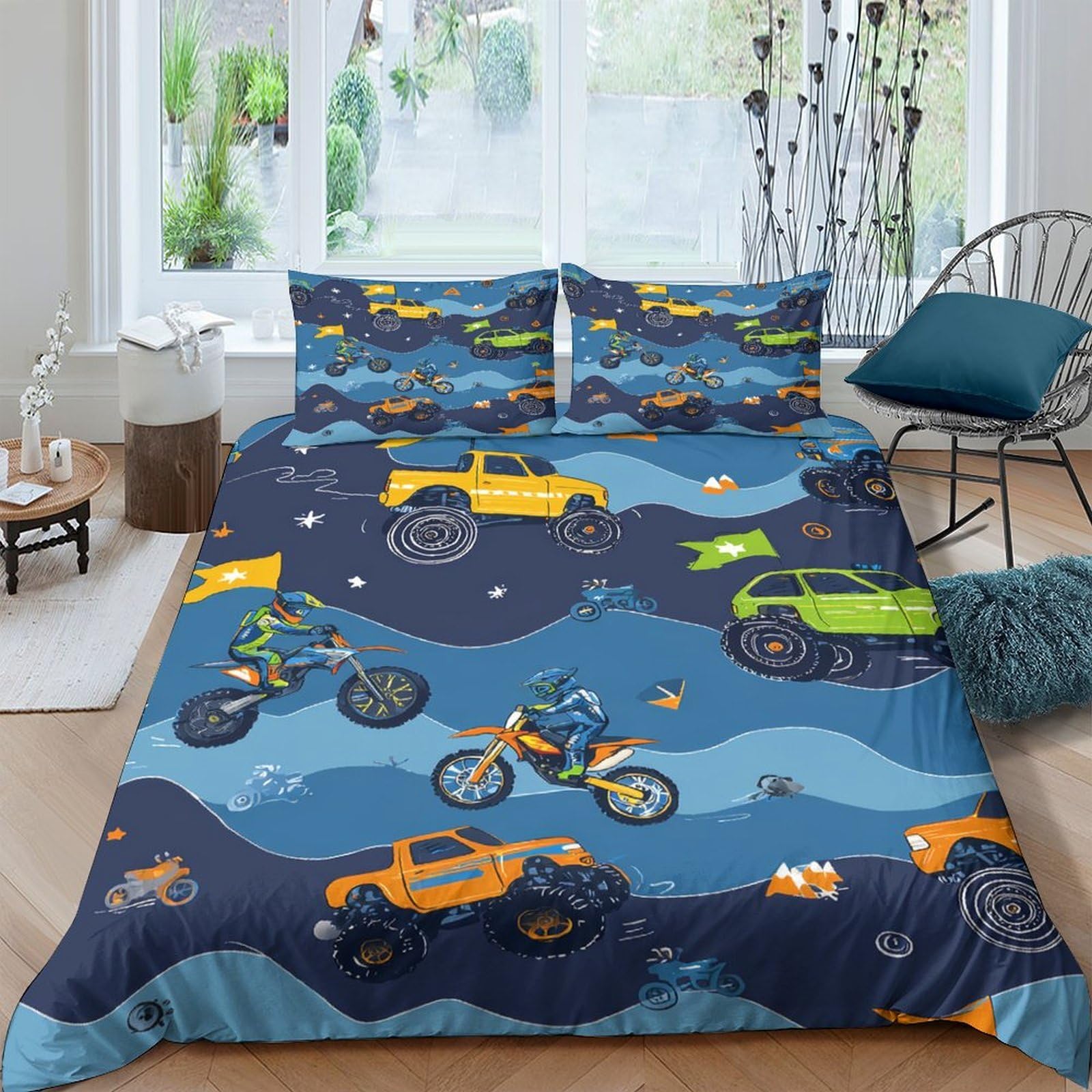 P5V6M1Q9 3D Printed Off-Road Vehicle Duvet Cover Microfiber Soft Breathable Motocross Bedding Set with 2 Pillowcases for Bedroom Decor Single（135x200cm）