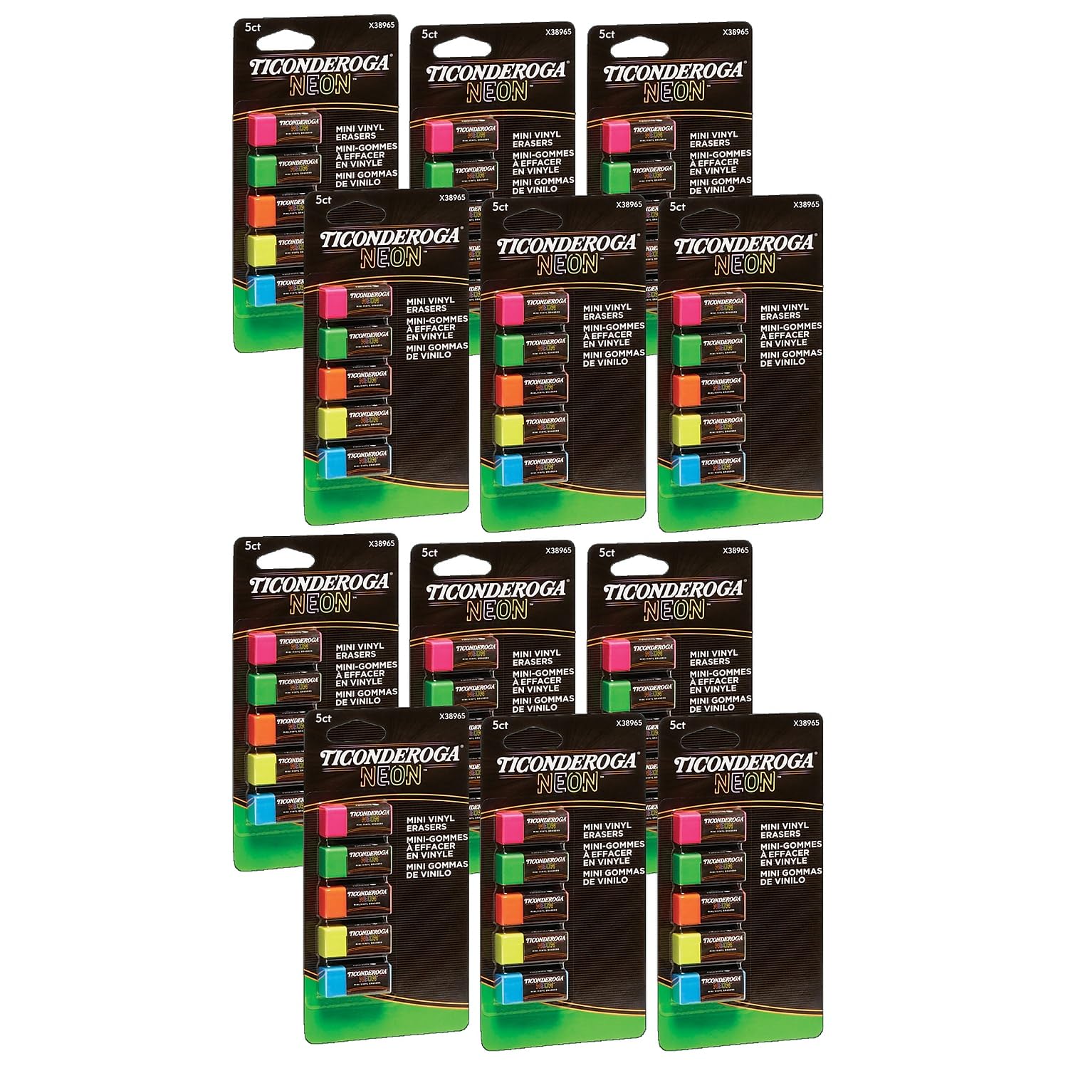 Ticonderoga DIX38965-12 Mini-Radiergummis aus Vinyl, Neonfarben, sortiert, 5 Stück pro Packung, 12 Packungen
