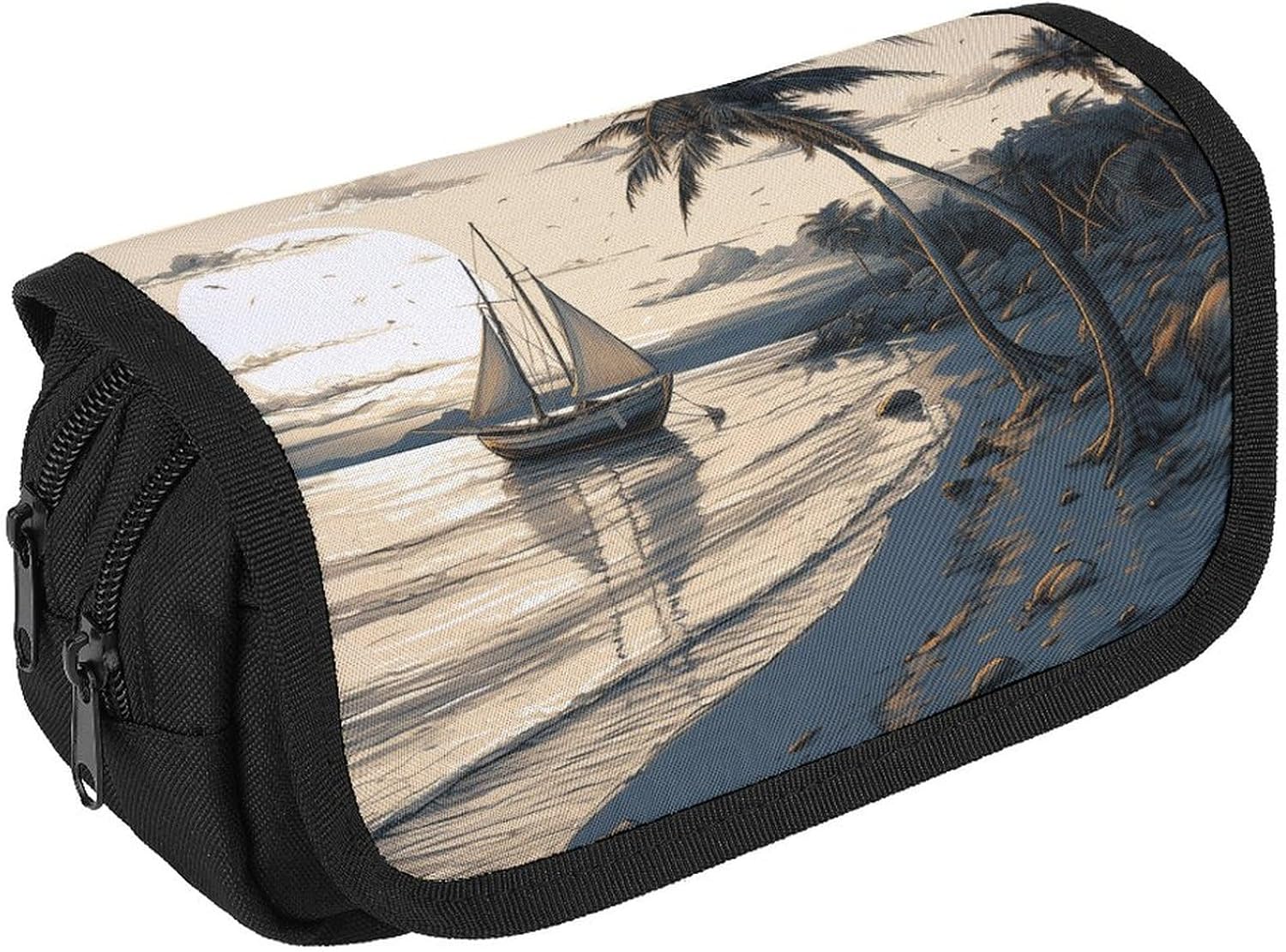 Pencil Pouch Palm Trees Fishing Boat Pencil Case for Men Women Cosmetic Bag Aesthetic Pen Bag for Office Multifunctional Bag Marker Pen Case