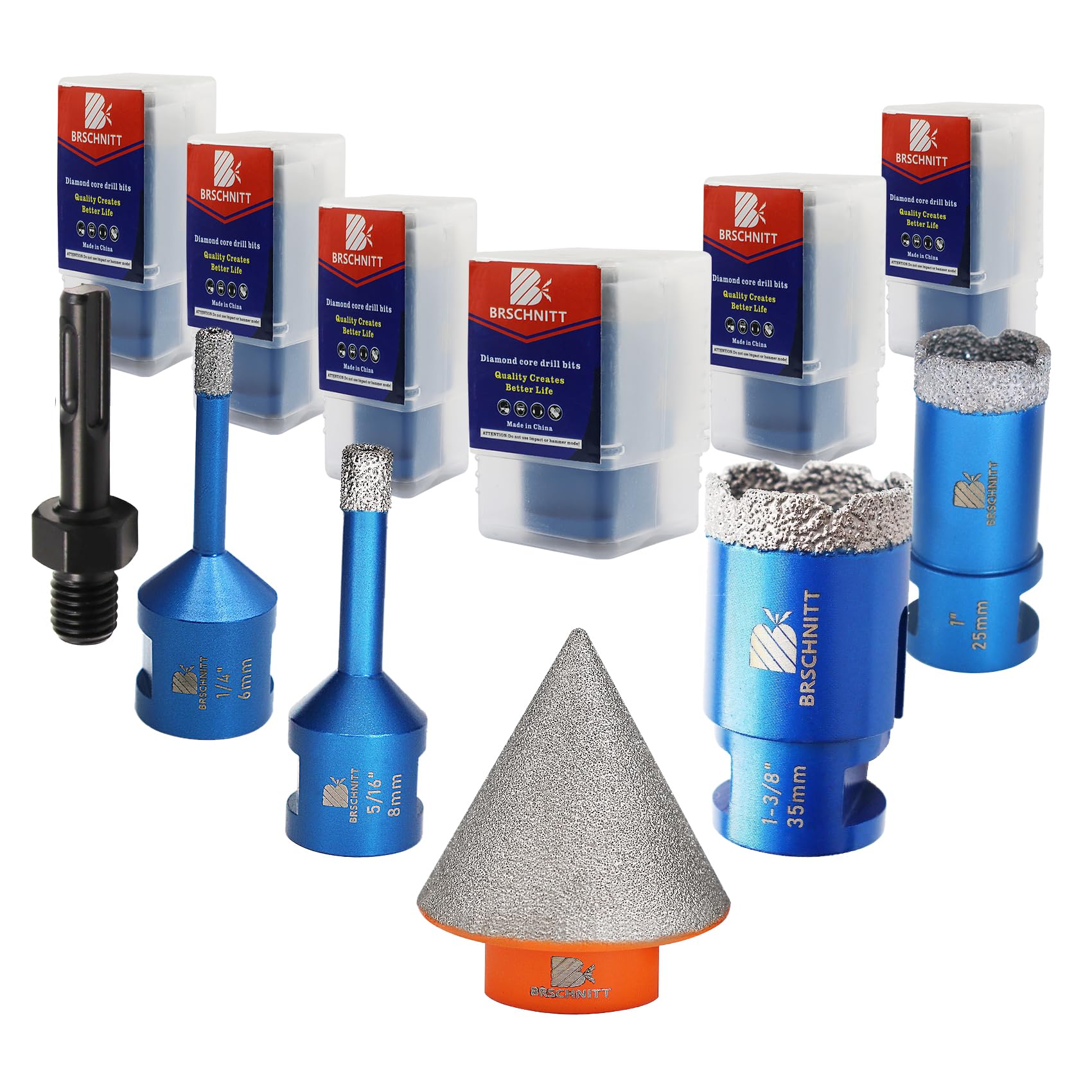 Diamond Core Drill Bit Set - 6/8/25/35 Diamond Hole Saw & for Porcelain Tile Ceramic Marble Granite Drilling 1-3/8"Diamond Chamfer bit with 5/8-11
