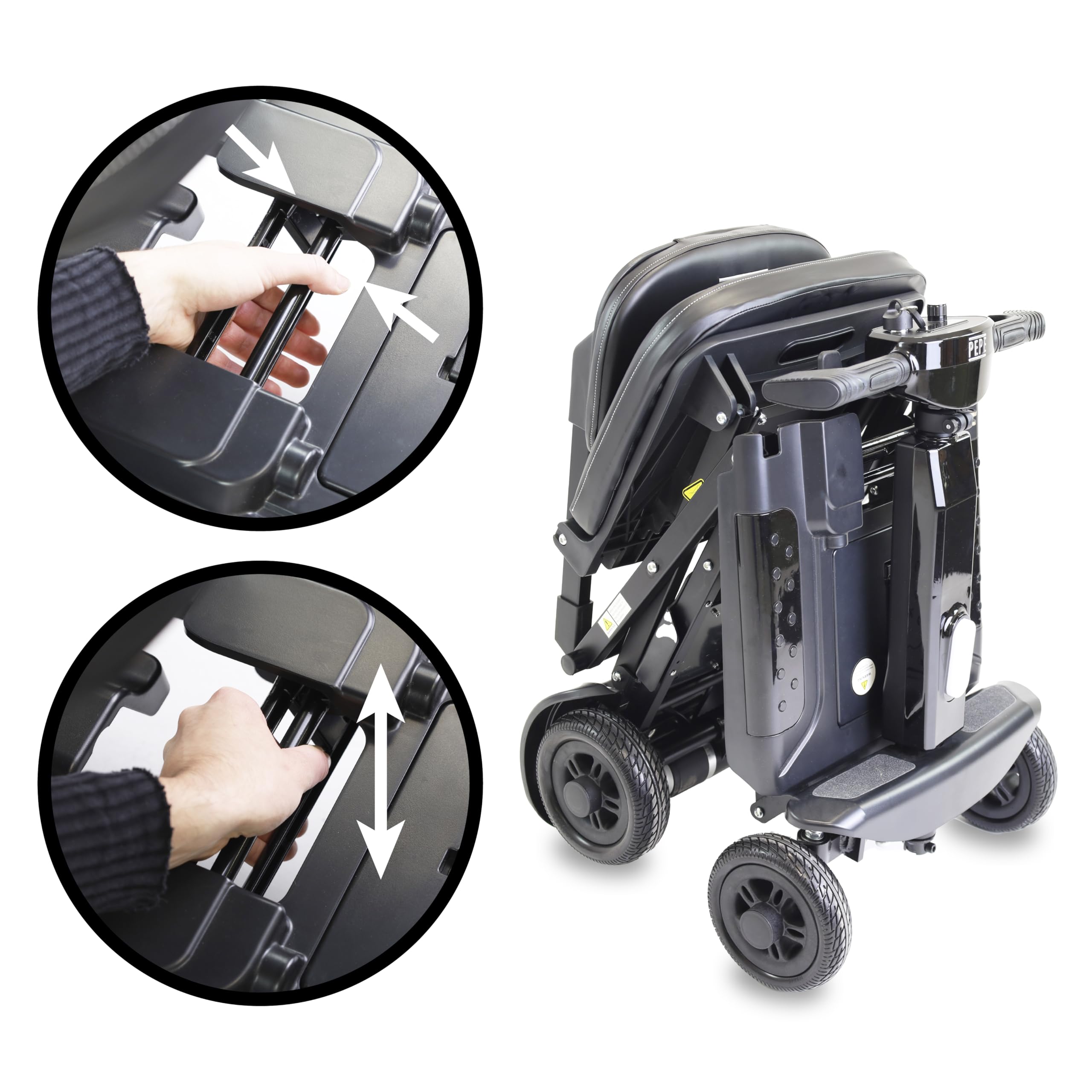 PEPE Mobility Scooter Eléctrico Plegable, Batería 10Ah, 4 Ruedas, Negro | Autonomía de 10 a 15 km, Litio Extraíble de 24V con 2 Llaves, Manillar Regulable, Asiento Acolchado, Luz LED y Claxon