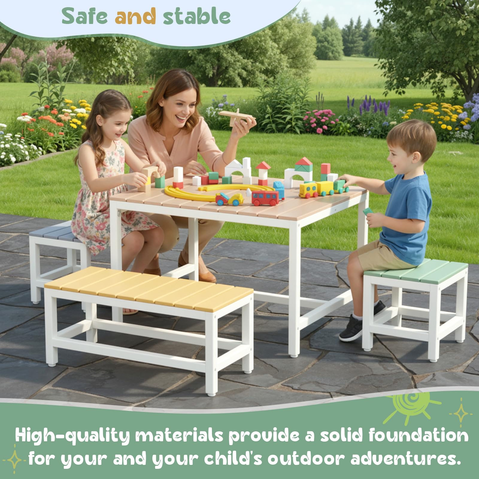 MAMIZO Kindertisch Pappelholz Massivholz, Kinder Tisch Stuhl Set Garten mit wasserdichte Abdeckung, Basteltisch Innenbereich mit 3 PCS Hocker, Kinder-Sitzgarnitur Picknick-Gruppe ab 3 Jahre, Bunt