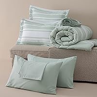 Vista 7 de BEDSURE - Juego de edredón de 7 piezas, ropa de cama a rayas verde salvia para todas las estaciones, reversible, teñido catiónico, juego de ropa