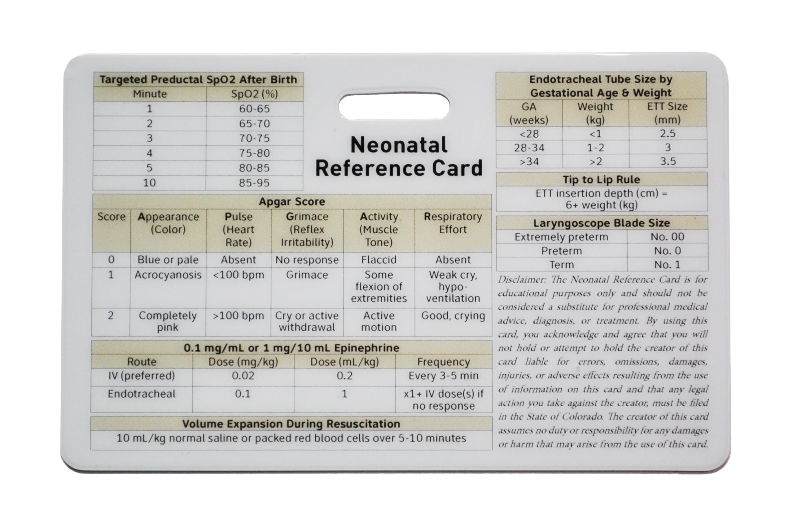 Neonatal Reference Card for NICU Healthcare Professionals by Board-Certified NNP (Horizontal-no case), White, Black, and Tan.