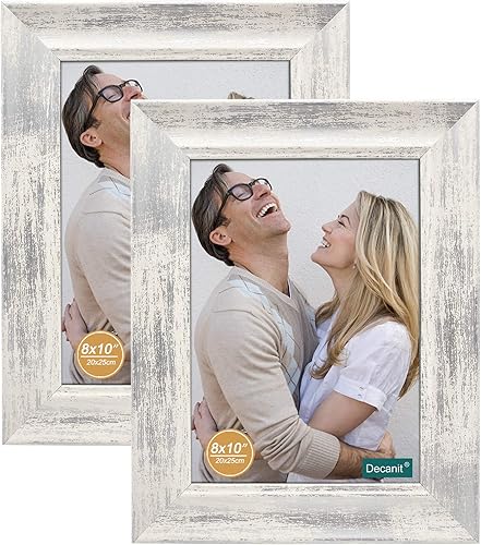 Decanit - Marco de fotos con diseño rústico de madera blanca para colocar en la mesa o en la pared, con un cristal de alta definición