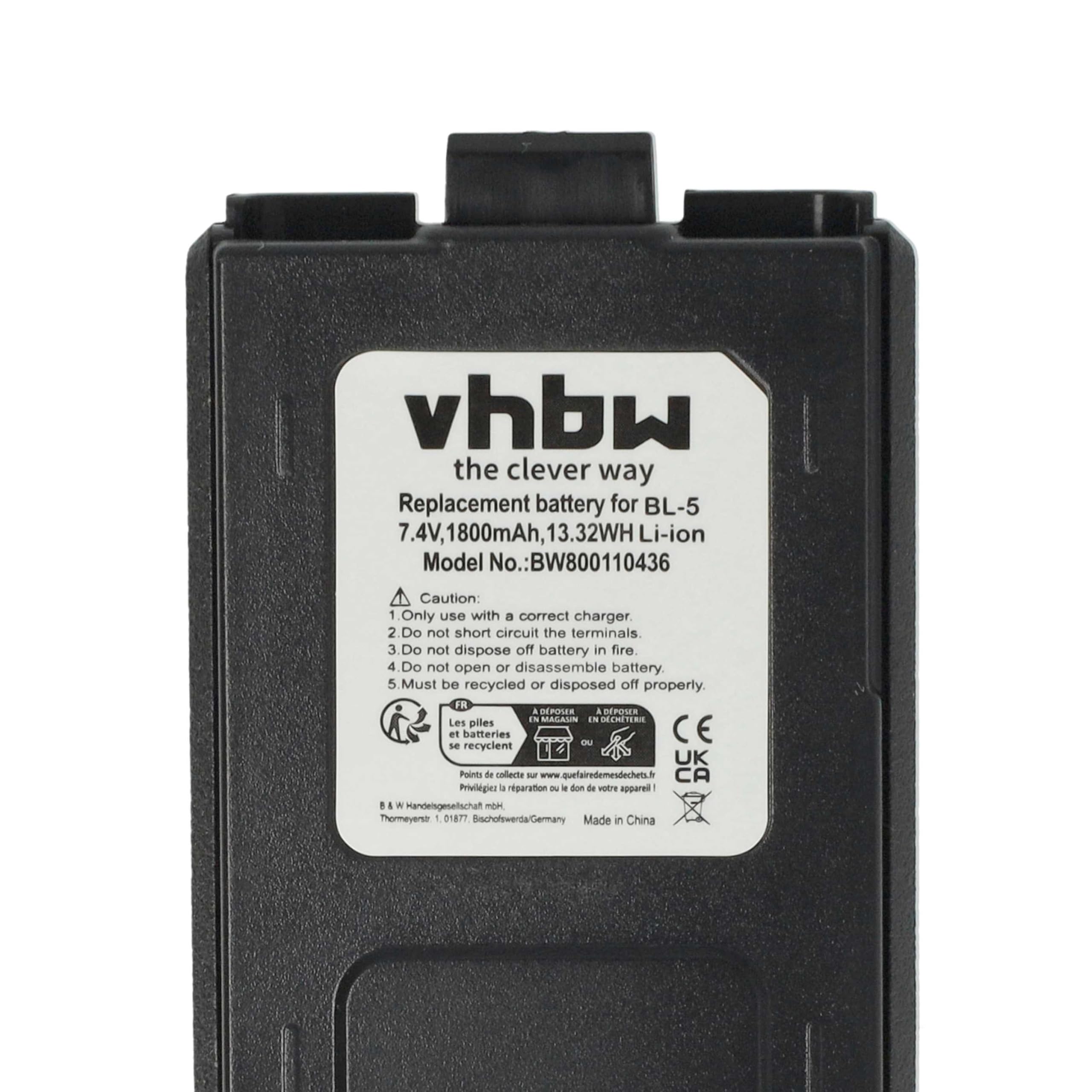 vhbw 2X Batterie Compatible avec Baofeng UV-5R, BF-F8, UV-5RA, UV-5RE, BF-F9 Radio Talkie-walkie (1800mAh, 7,4V, Li-ION)