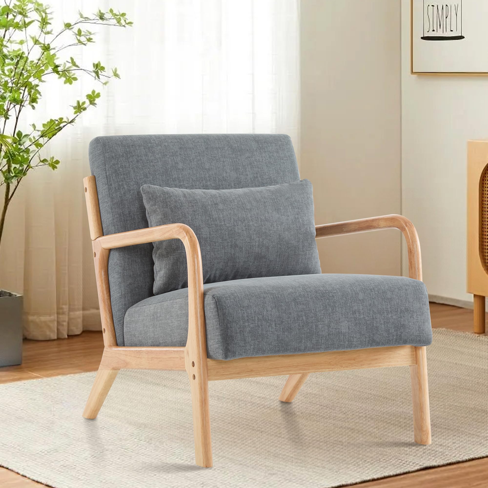 Fotel Wypoczynkowy Tapicerowany z Poduszką Lędźwiową, Styl Mid-Century Modern, Drewniana Rama, Fotel do Salonu i Sypialni, do Małych Przestrzeni