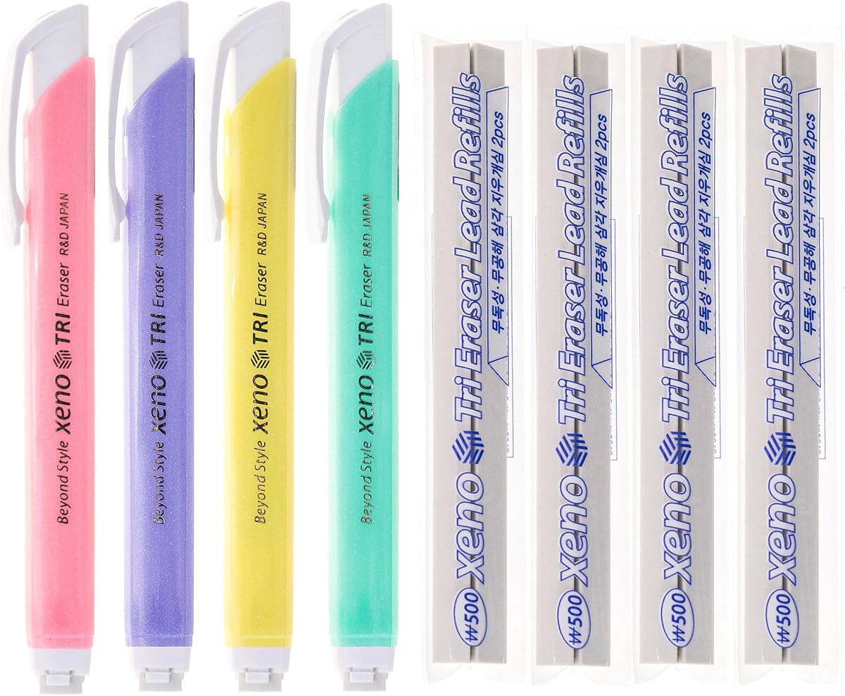 Xeno Tri-II Retractable Click 4 Erasers and 8 Refills (Assorted Colors Bundle)