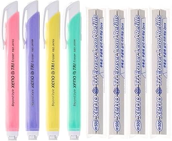 Xeno Tri-II Retractable Click 4 Erasers and 8 Refills Assorted Colors Bundle