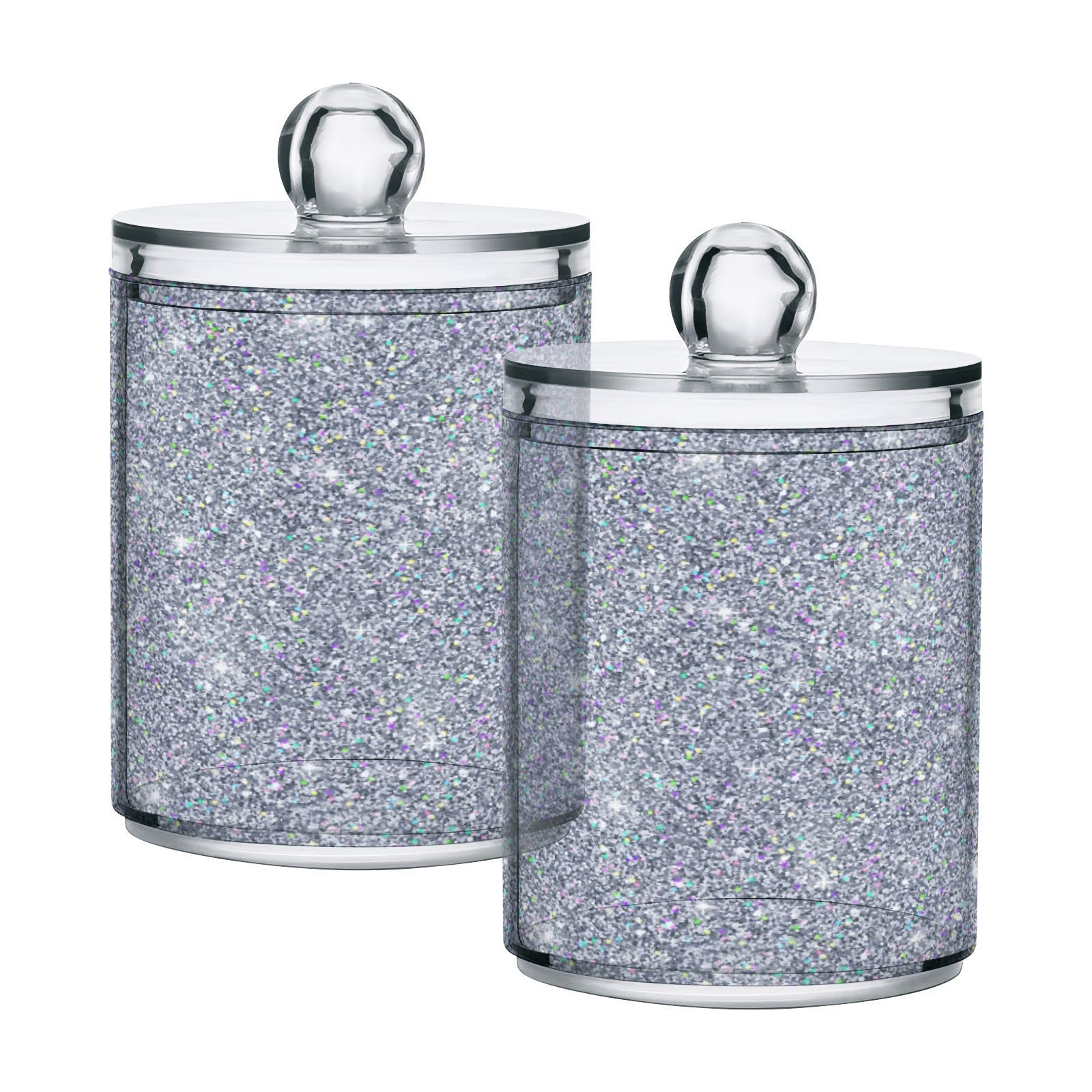 JUMBEAR 2 Pack Silver Glitter Texture Qtip Holder Organizer Dispenser，Bathroom Storage Canister Cotton Ball Holder Bathroom Containers for Cotton Swabs/Pads/Floss