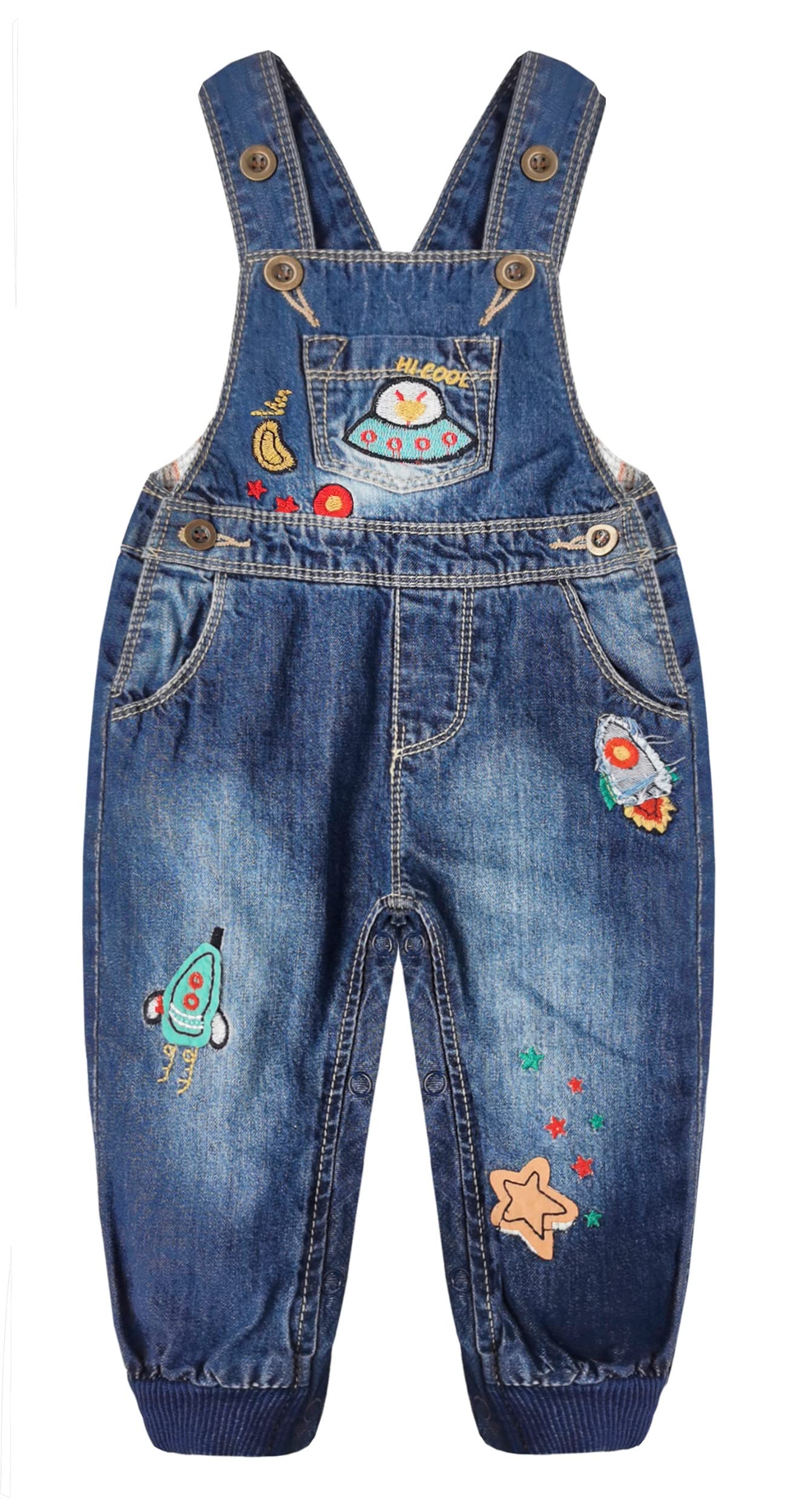 KIDSCOOL SPACE Salopette in denim di cotone lavato ricamato con fiori per bebè e bambine