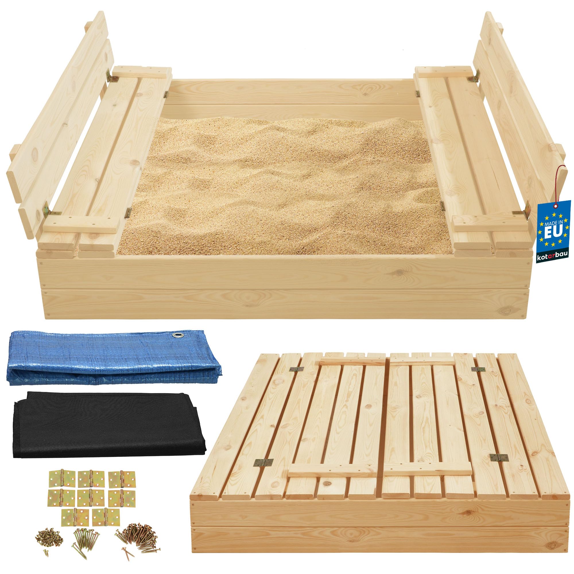KOTARBAU® Sandbox with Lid - 120x120 cm (47x47 inches) - Natural - Wooden Sandbox - with Cover and Benches - Kids Sandpit - Garden Sandpit — image 1