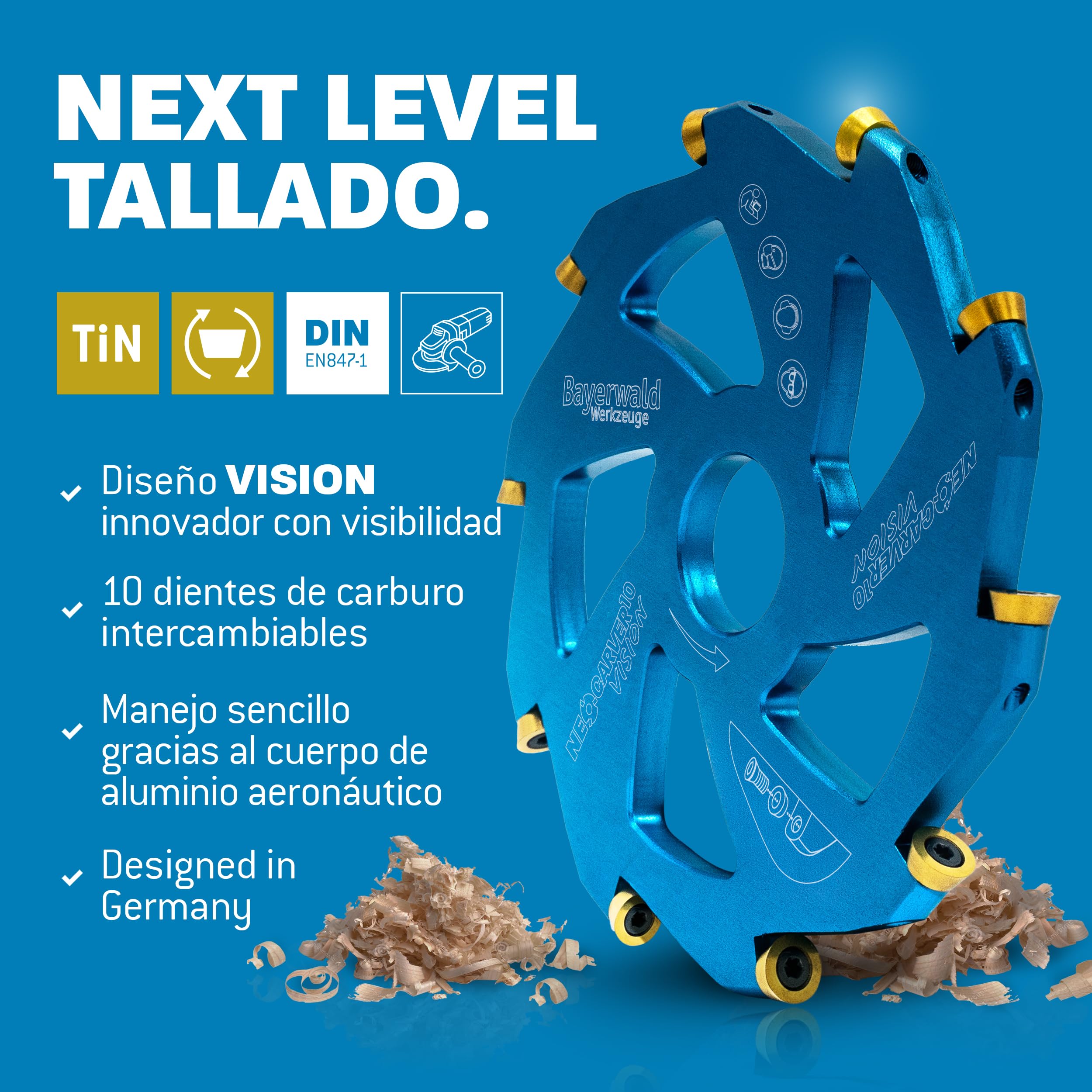 Bayerwald NeoCarver 10 Vision V2 - Disco de fresado de metal duro para madera - Fresa para tallar madera de aluminio para amoladora angular para separar, lijar, desbastar, etc. - Diámetro de 115 mm x