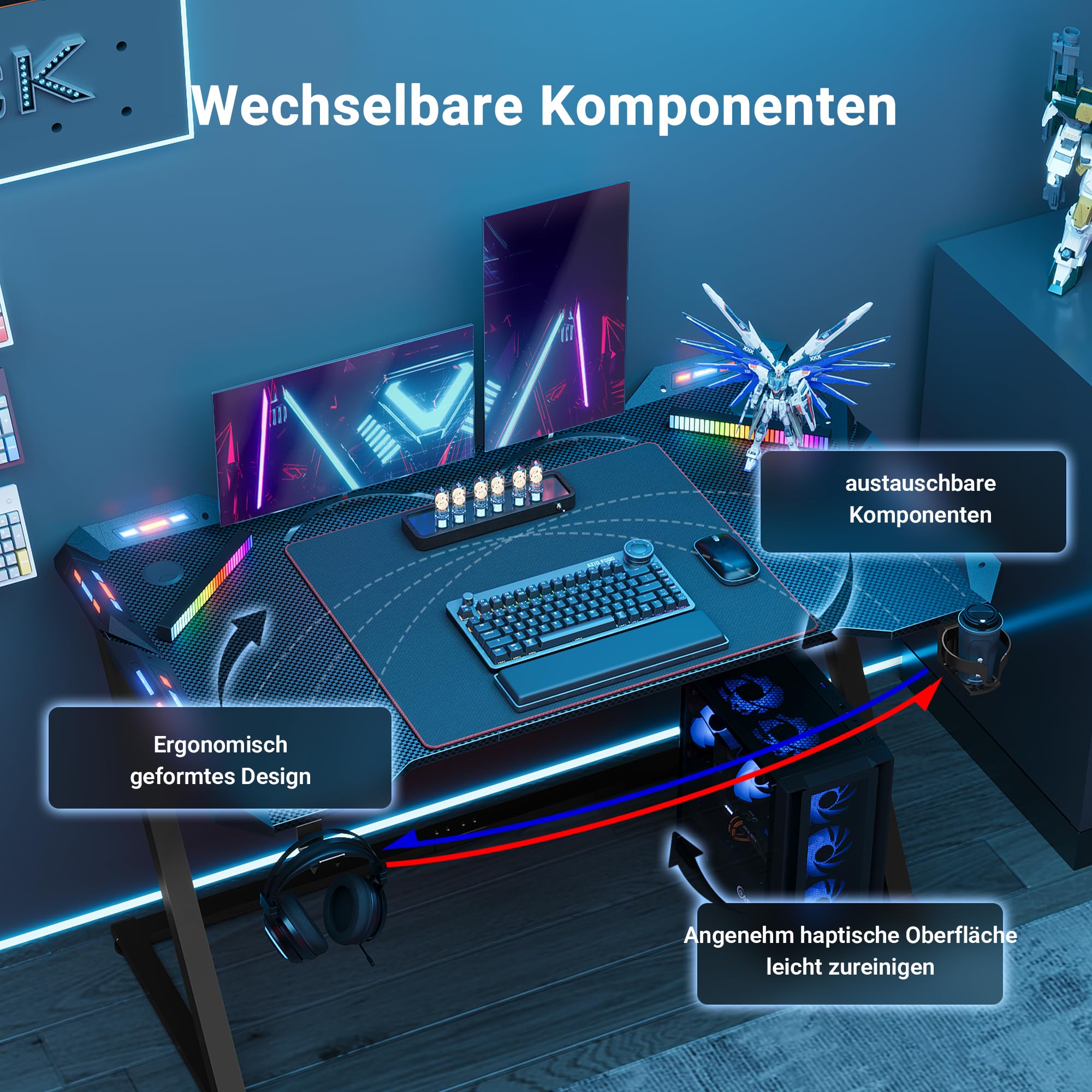 Claiks Gaming Tisch mit LED, 140 x 60 cm Gaming Schreibtisch Z-Frame, Ergonomischer Gamer PC Tisch mit Getränkehalter, Kopfhörerhaken, Stabiler Computertisch, Schwarz
