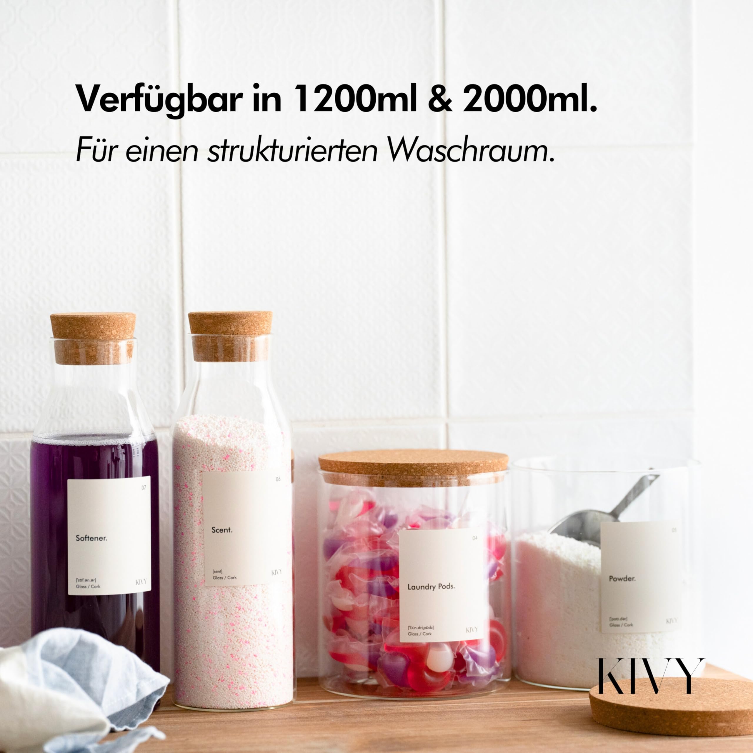 KIVY Waschmittelspender Glas mit Etiketten [2x 1200ml] Weichspüler Aufbewahrung Waschmittel Aufbewahrung Flüssig - Behälter für Waschpulver Aufbewahrungsbox Organizer