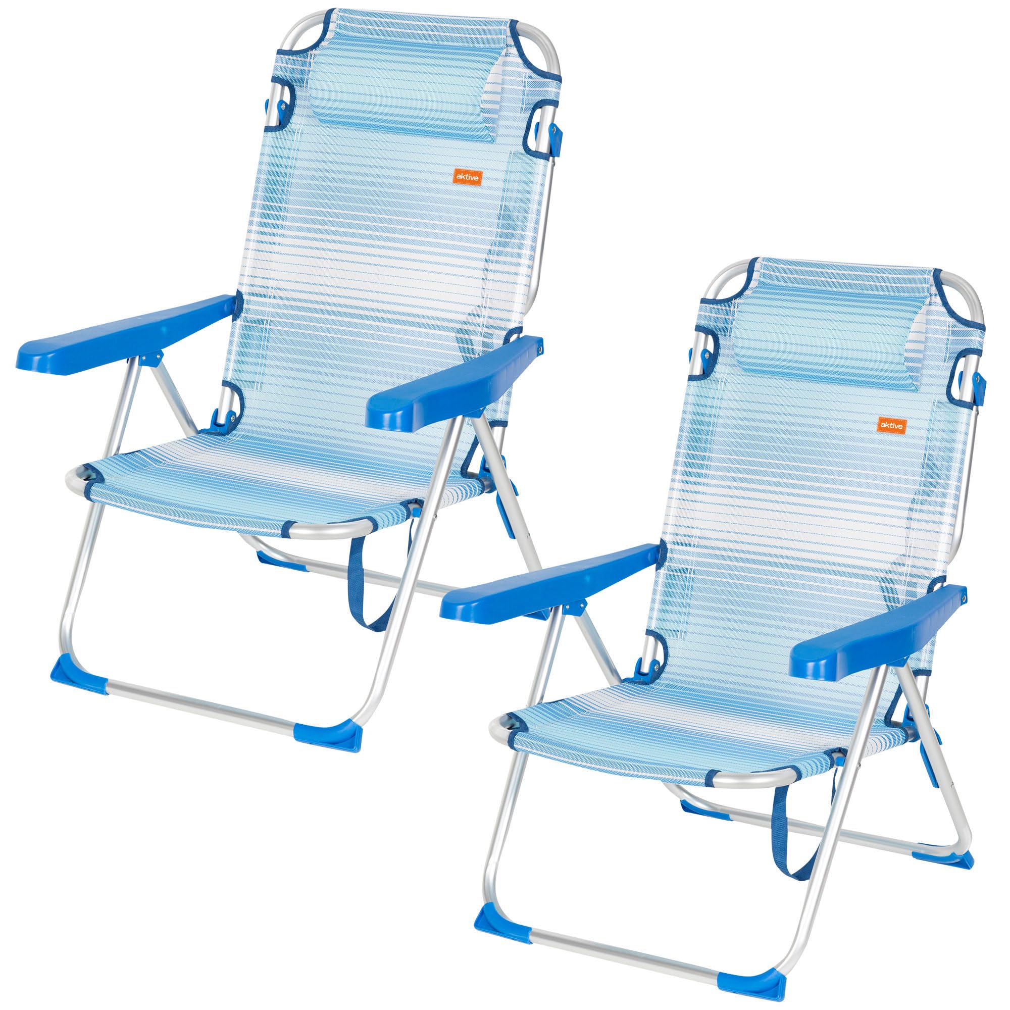 AKTIVE Pack 2 sillas de Playa Plegables y reclinables, Azul Rayas, 48 x 60 x 90 cm, 5 Posiciones, cojín Acolchado, asa de Hombro, reposabrazos ergonómicos, topes antivuelco, soporta 110 kg (85515)