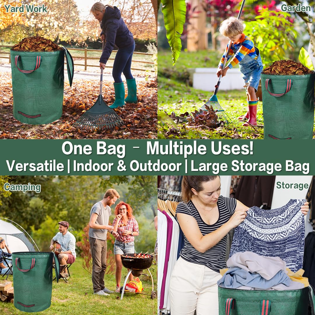 3× 300L Large Garden Waste Bags Heavy Duty with Lid Waterproof Foldable Reusables with Handles Garden Waste Bags Heavy Duty for Grass Leaves Hedge Cuttings Debris - Image 4