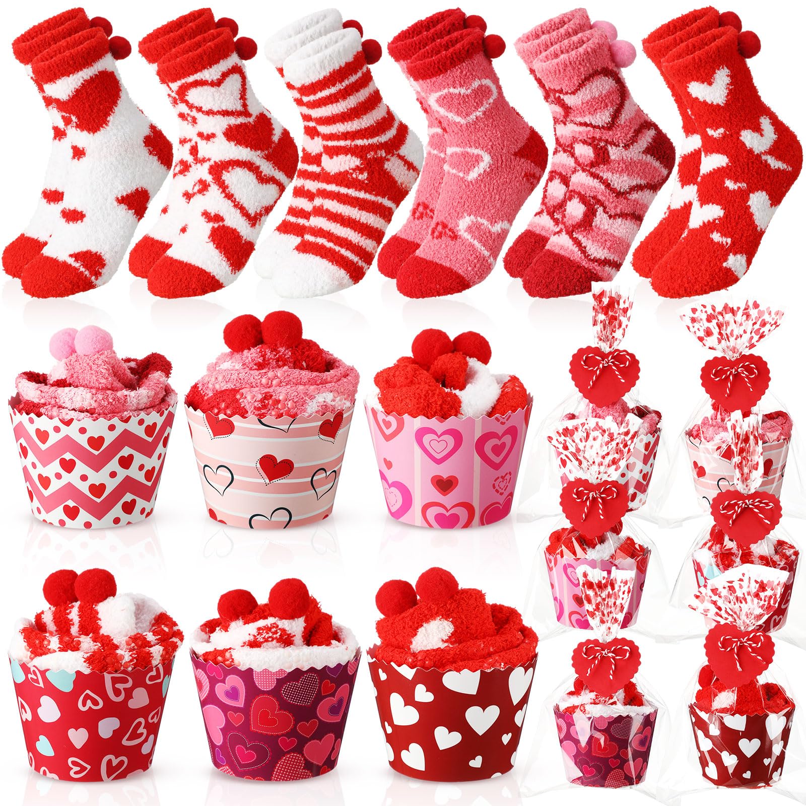 Lot de 6 paires de chaussettes pelucheuses pour la Saint-Valentin avec carte cupcake - Cadeau idéal pour homme et femme (cœur), Couleur mignonne, One Size Women/One Size Men