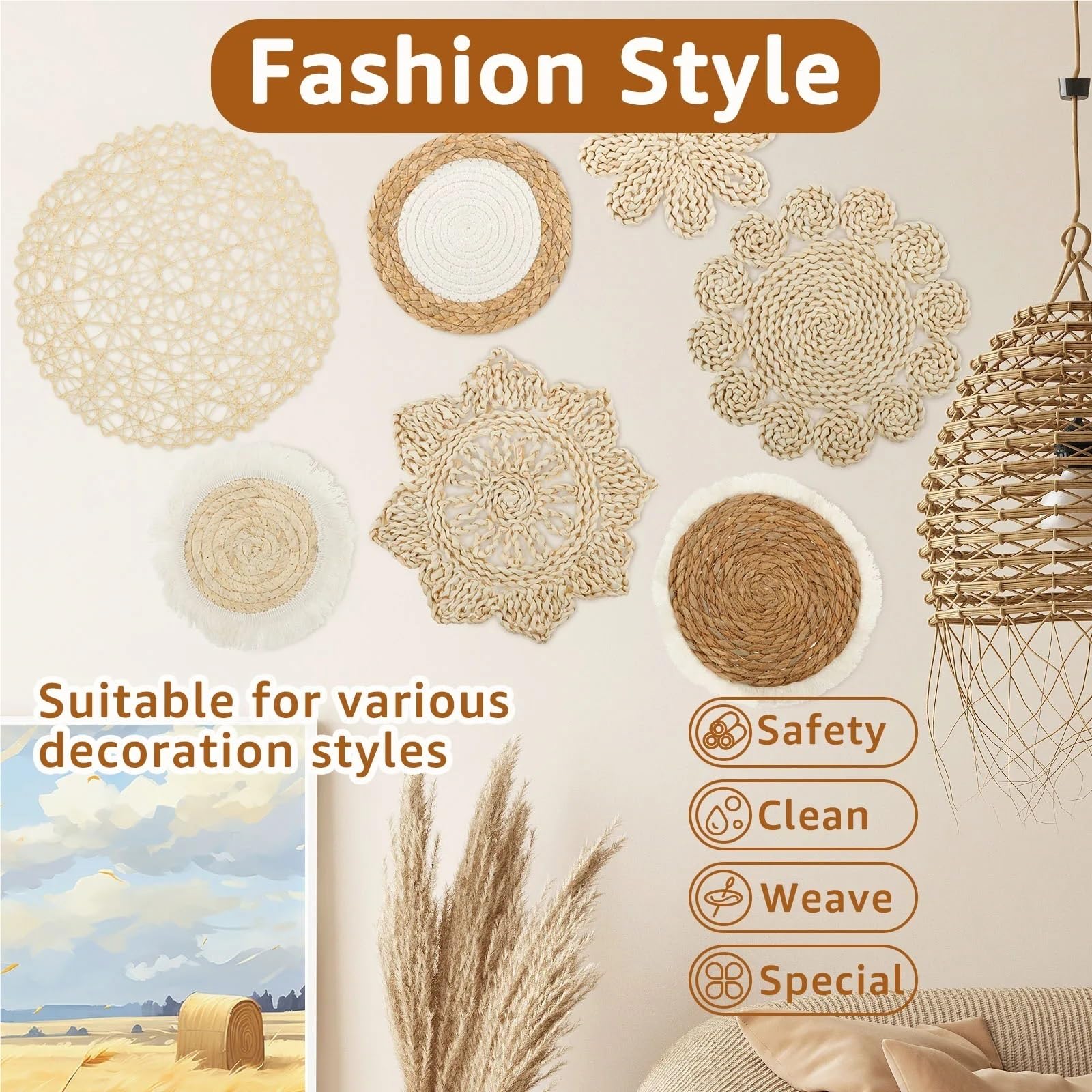 Platos Decorativos de Ratán Para Cestas de pared decorativas Cestas de pared de mimbre de ratán hechas a mano Cestas de pared fáciles de limpiar Cestas seguras Arte de pared Versátil Colgante Tejido