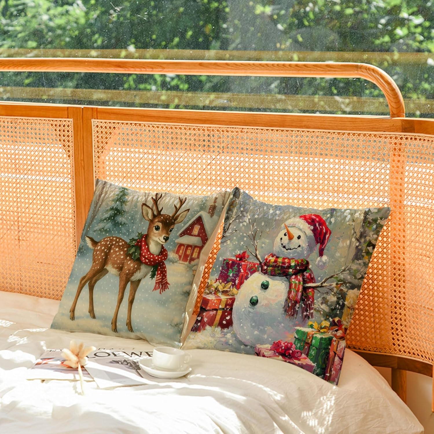 YeeJu Set of 4 Christmas Pillow Covers 20x20 Vintage Farmhouse Christmas Pillow Cases Elk Snowman Santa Tree Xmas Holiday Cushion Covers Outdoor Couch Sofa Home Decorations(20)