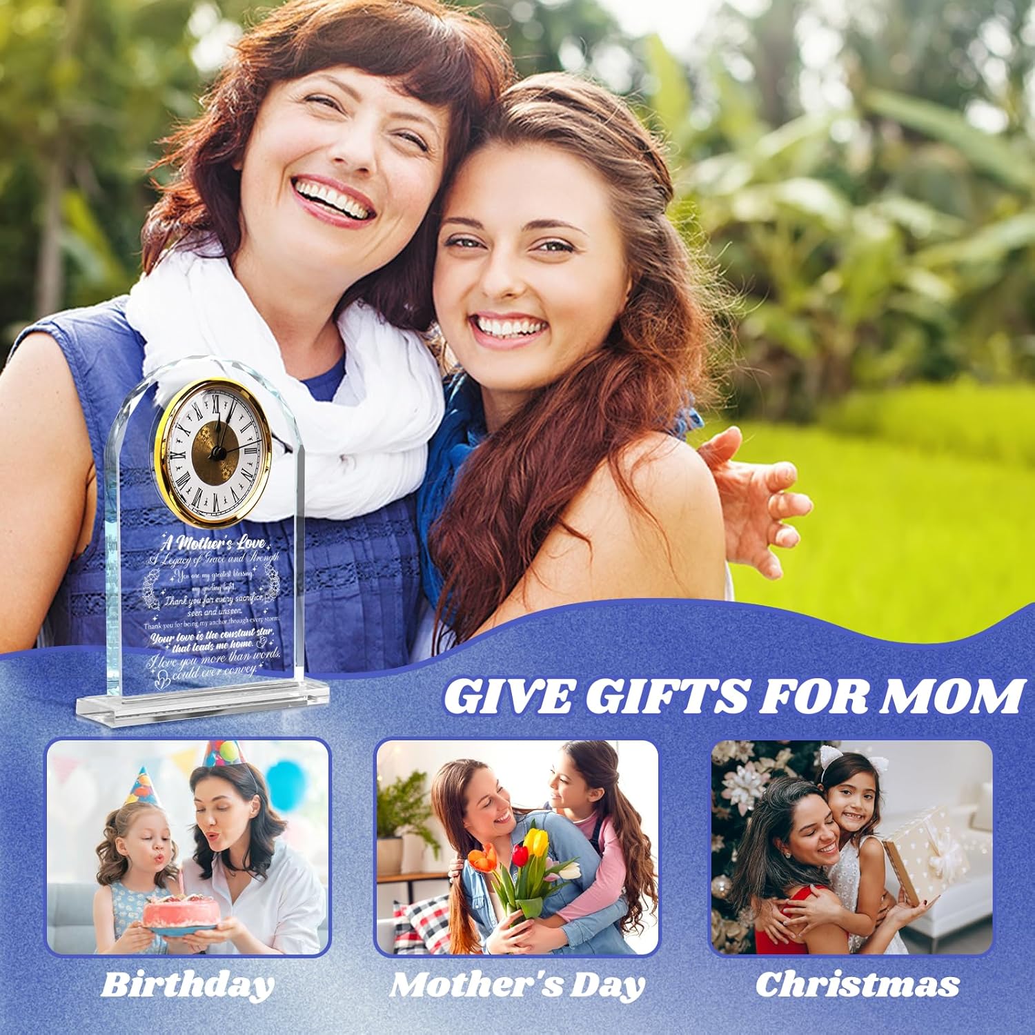 Gifts for Mom from Daughter Son, Engraved Crystal Clock for Mother's Day, Birthday, Christmas | Heartfelt Appreciation Keepsake for Mom Who Has Everything, Home & Desk Decor