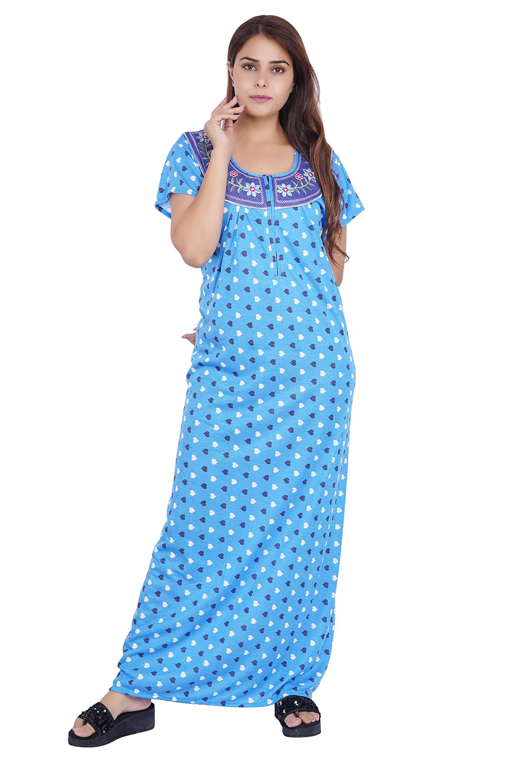 Women's Hosiery Cotton Nighty| Half Sleeves | Night Wear | Maxi for Women | Size-Large, U Shaped Neck (Article-RB-279B) Light Blue-picture-11