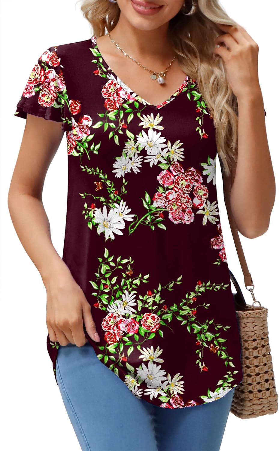 Askyes Womens Summer Tops 2023 Knit Shirts Casual Ruffle Short Sleeve V Neck Tunic Top Loose Blouse T Shirts Tunics For Women - Image 2