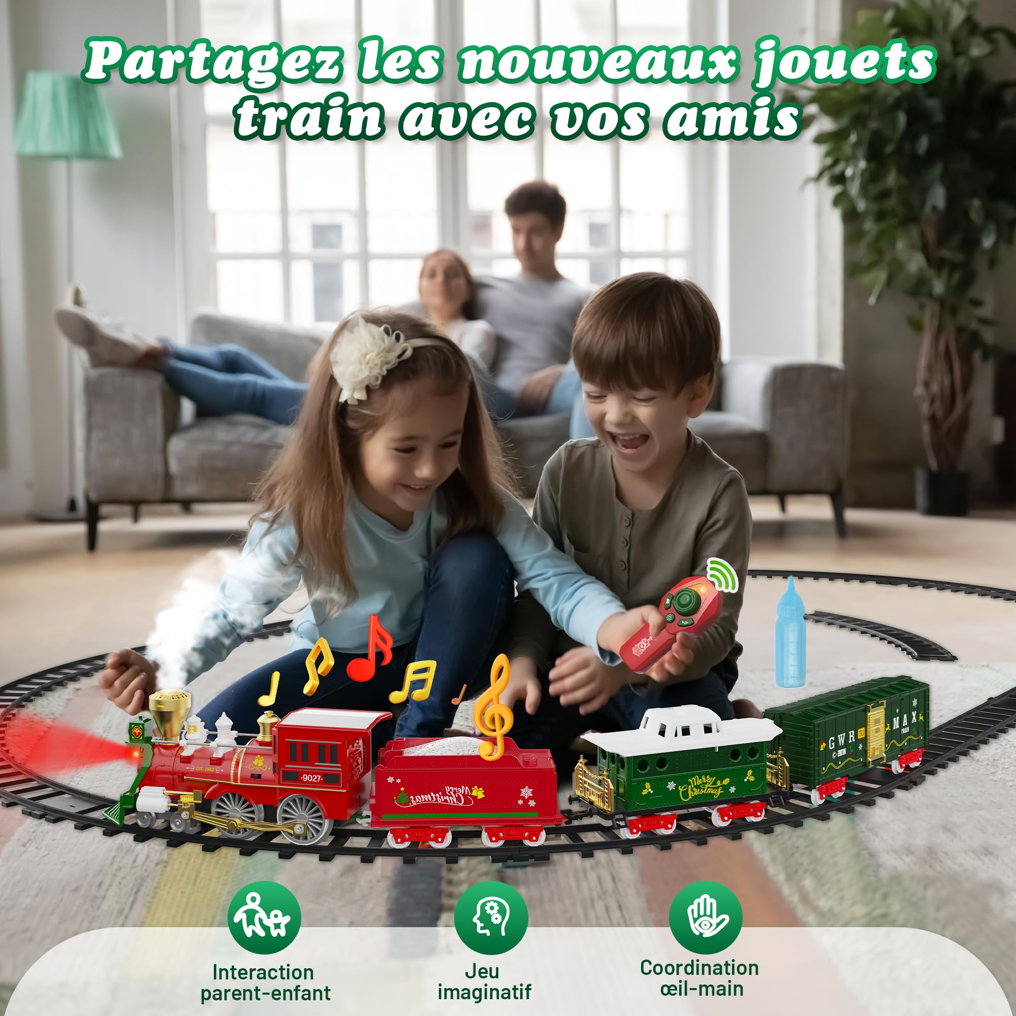 Hot Bee Train de Noel Electrique pour Sapin avec Télécommande, Petit Train Noel avec Fumée, Lumières et Sons, Enfant Cadeau Garcon 3 4 5 6 7 Ans