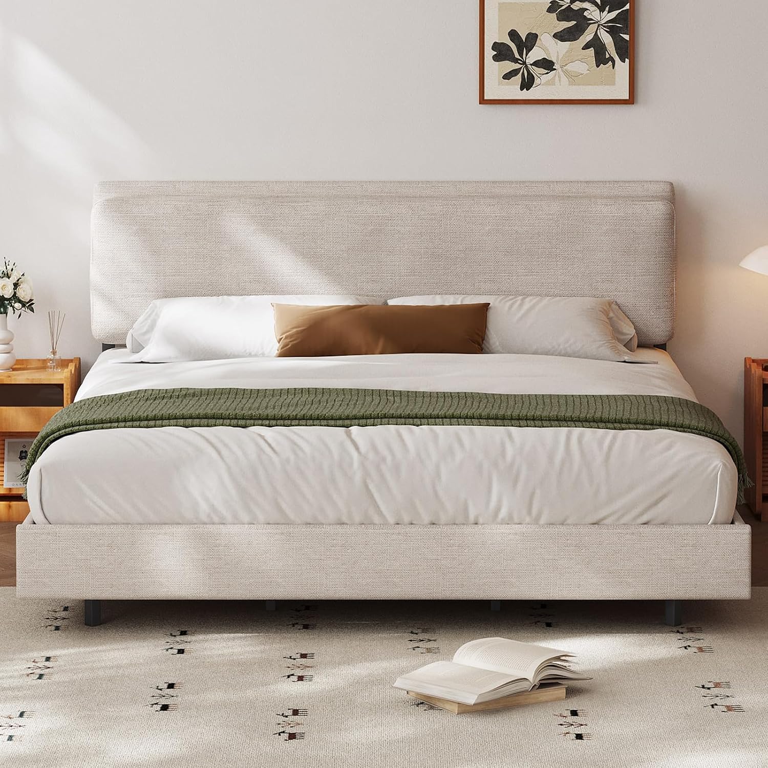 Guyii Queen Size Bed Frame with Extra-Wide Headboard, 180 x 200CM, Modern Platform Bed with Rounded Corners, Heavy-Duty 400kg Capacity, Noise-Free, No Box Spring Needed, Easy Assembly